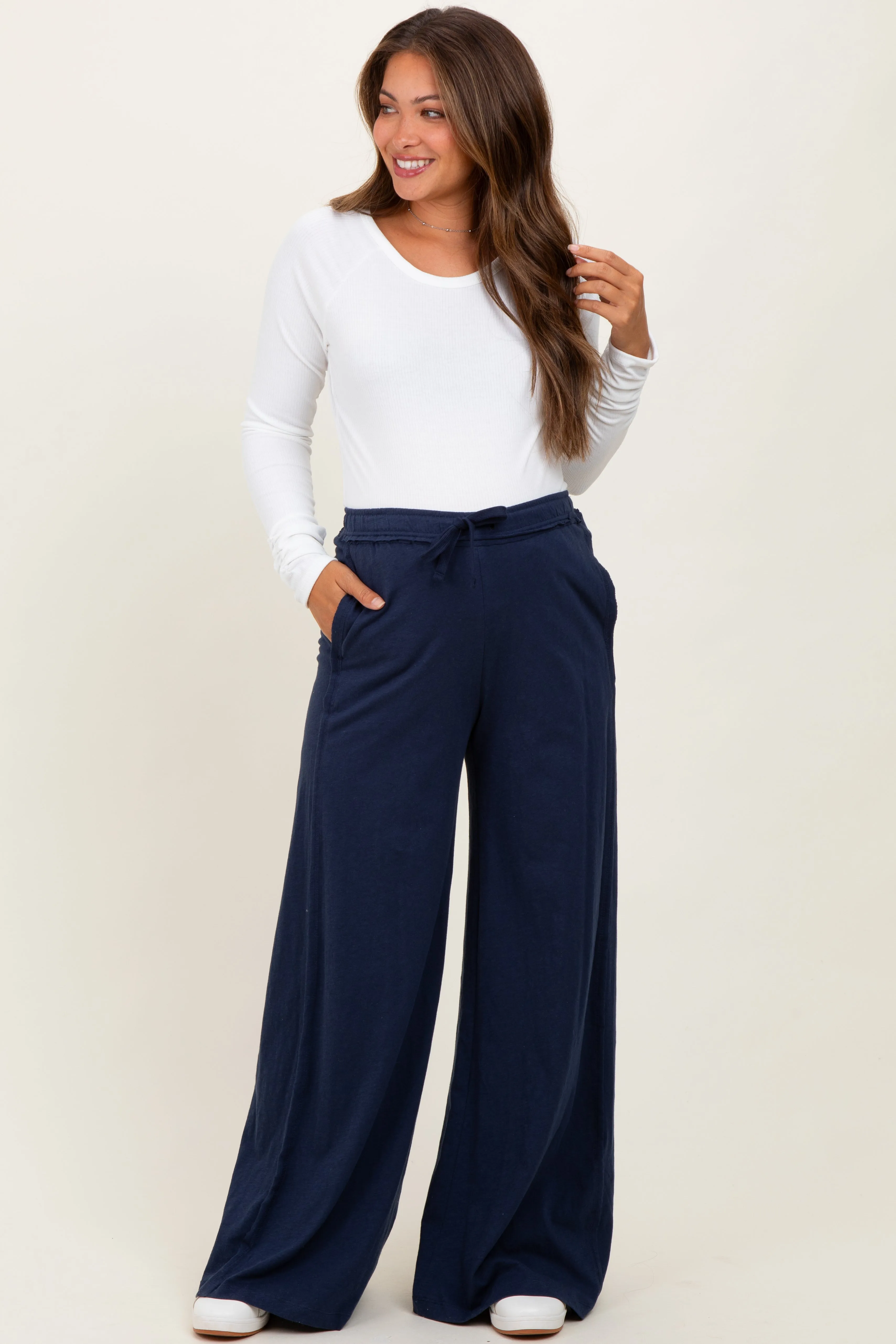 Navy Drawstring Wide Leg Maternity Lounge Pant sold by Pinkblush