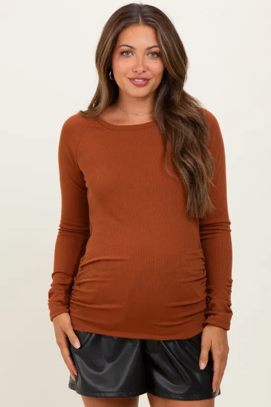 Rust Solid Ribbed Ruched Long Sleeve Maternity Top sold by Pinkblush