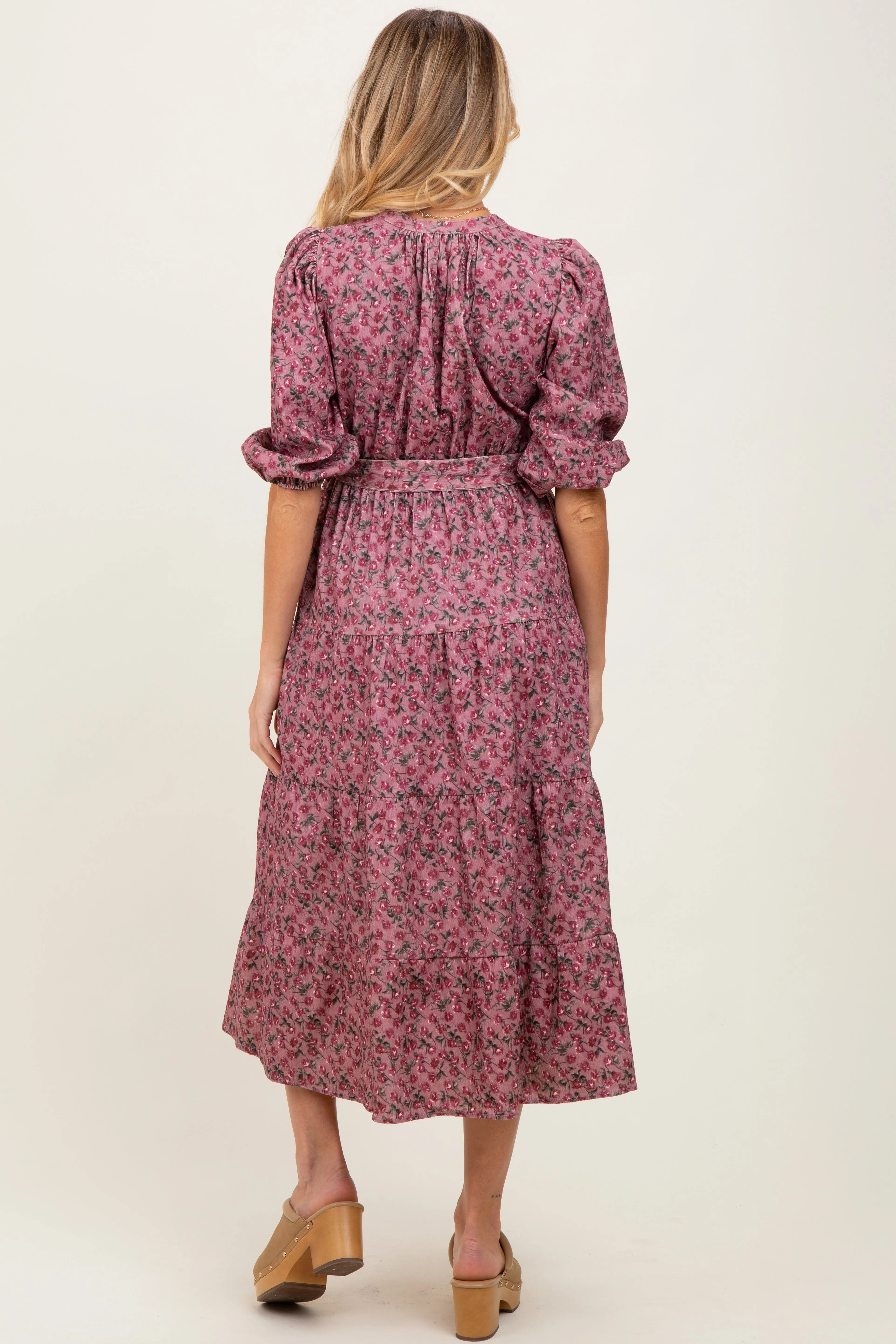 Pink Floral Button Down Front Tie Maternity Midi Dress sold by Pinkblush product image thumbnail 4