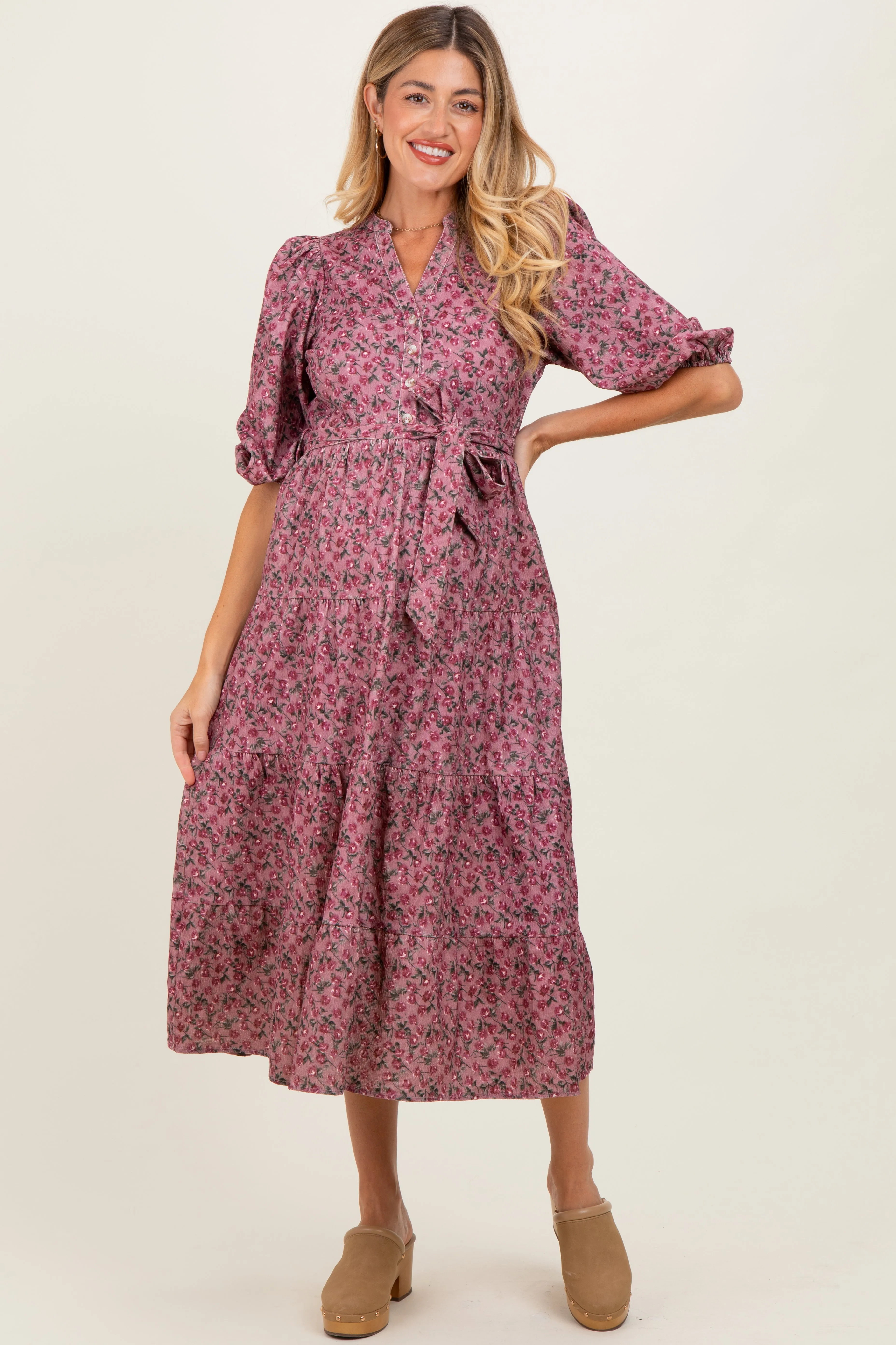 Pink Floral Button Down Front Tie Maternity Midi Dress sold by Pinkblush
