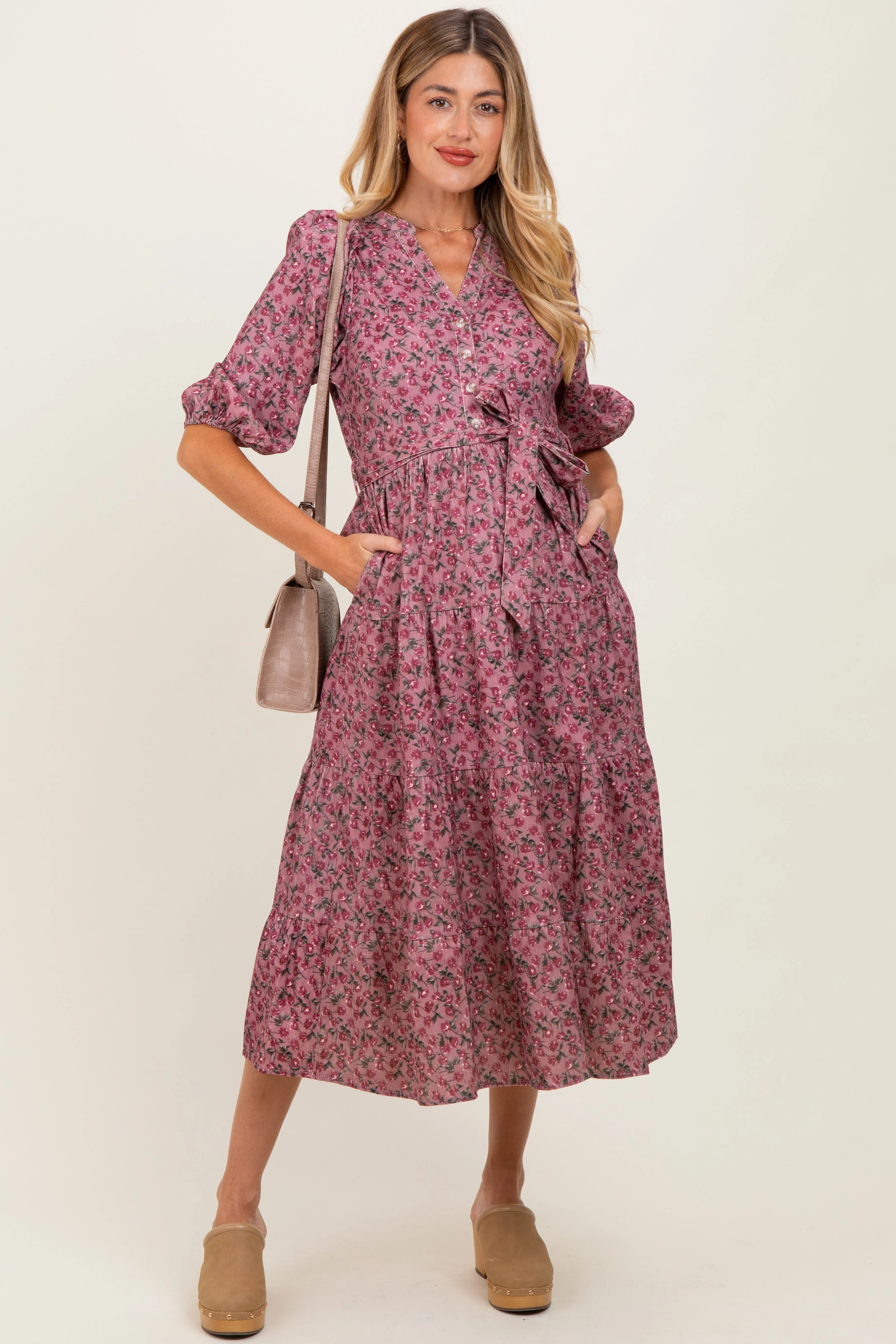 Pink Floral Button Down Front Tie Maternity Midi Dress sold by Pinkblush product image thumbnail 2