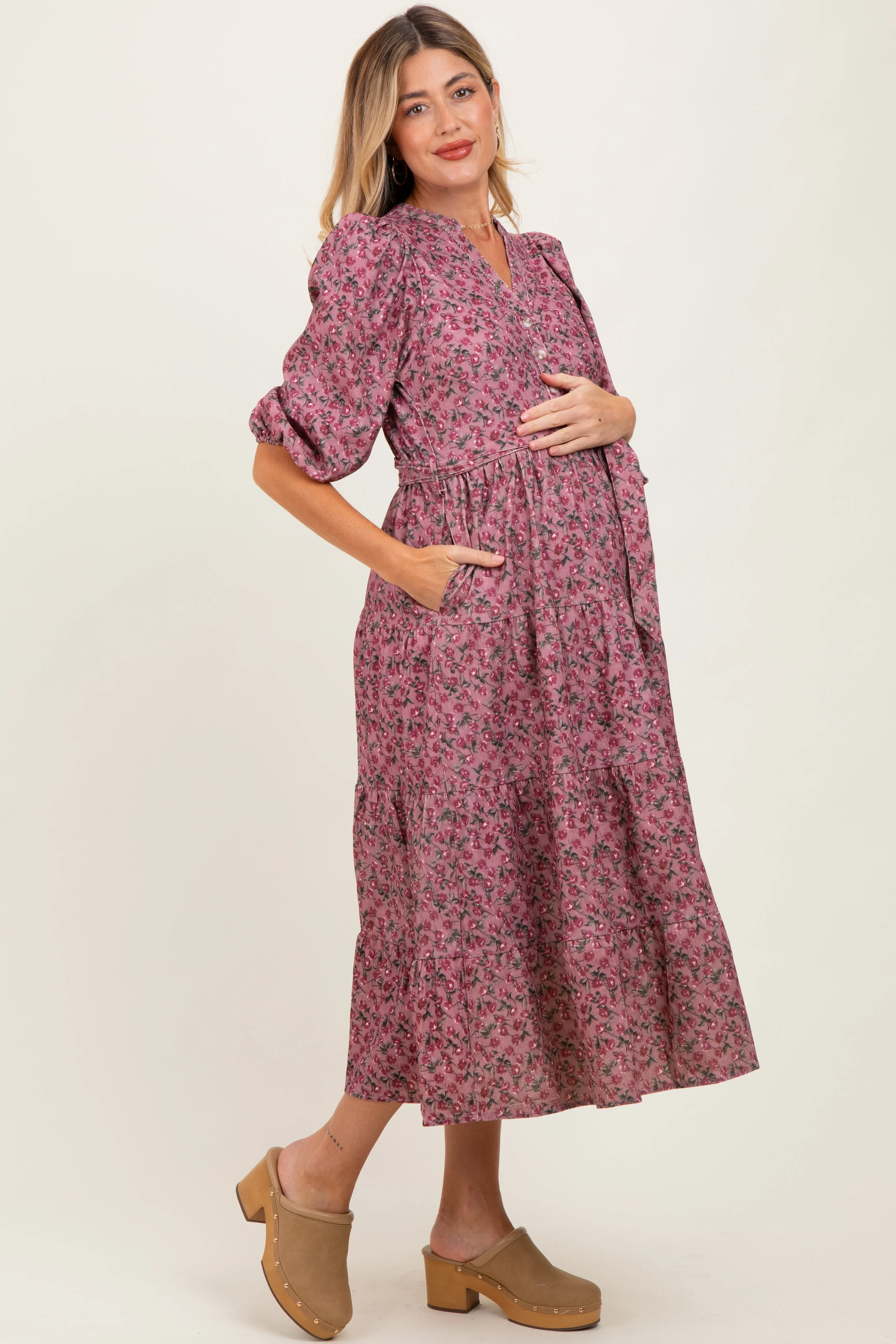 Pink Floral Button Down Front Tie Maternity Midi Dress sold by Pinkblush product image thumbnail 3