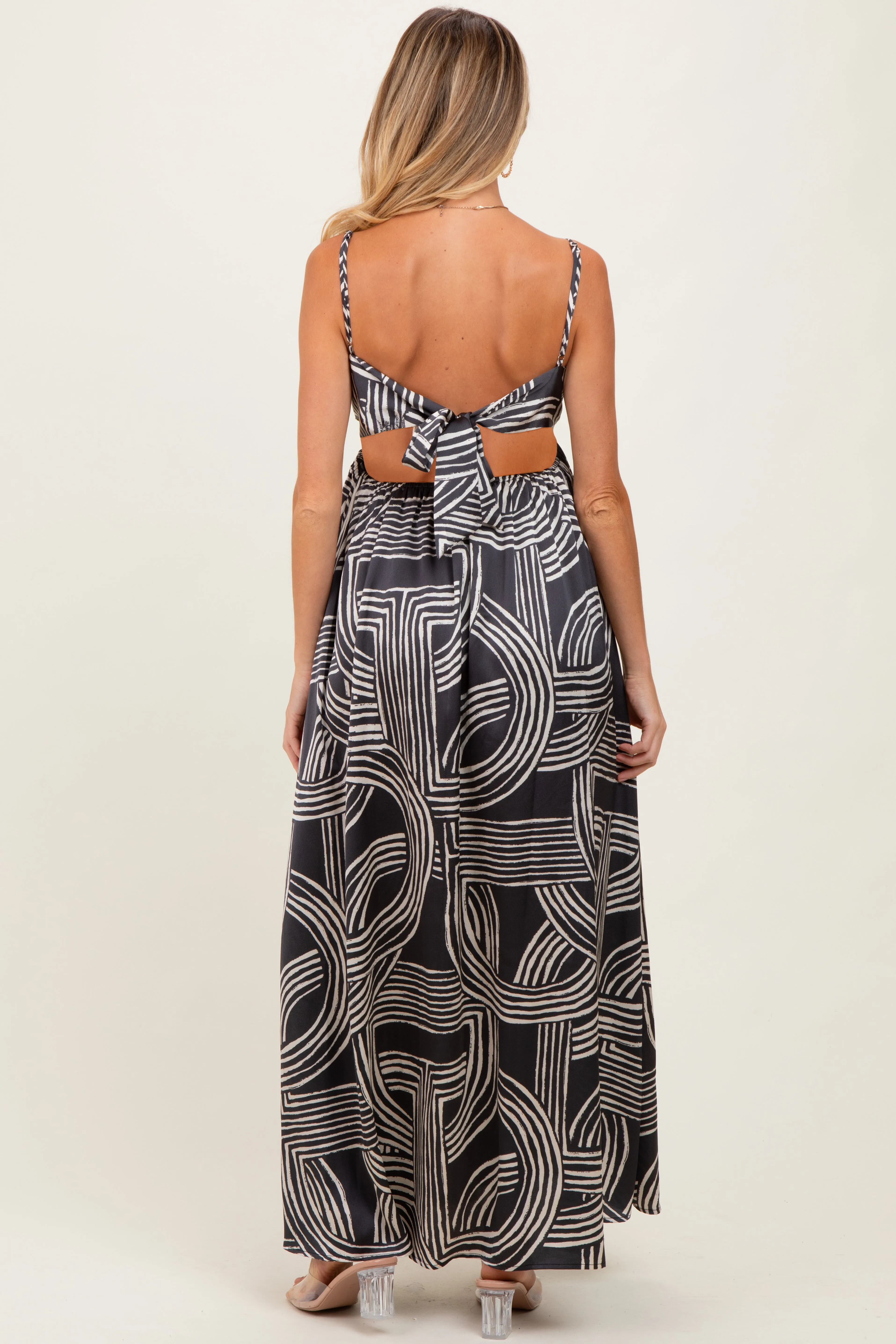 Black Printed Halter Cutout Tie Back Maternity Maxi Dress sold by Pinkblush product image thumbnail 3