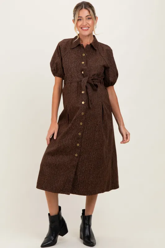 Brown Floral Button Front Waist Tie Maternity Midi Dress sold by Pinkblush