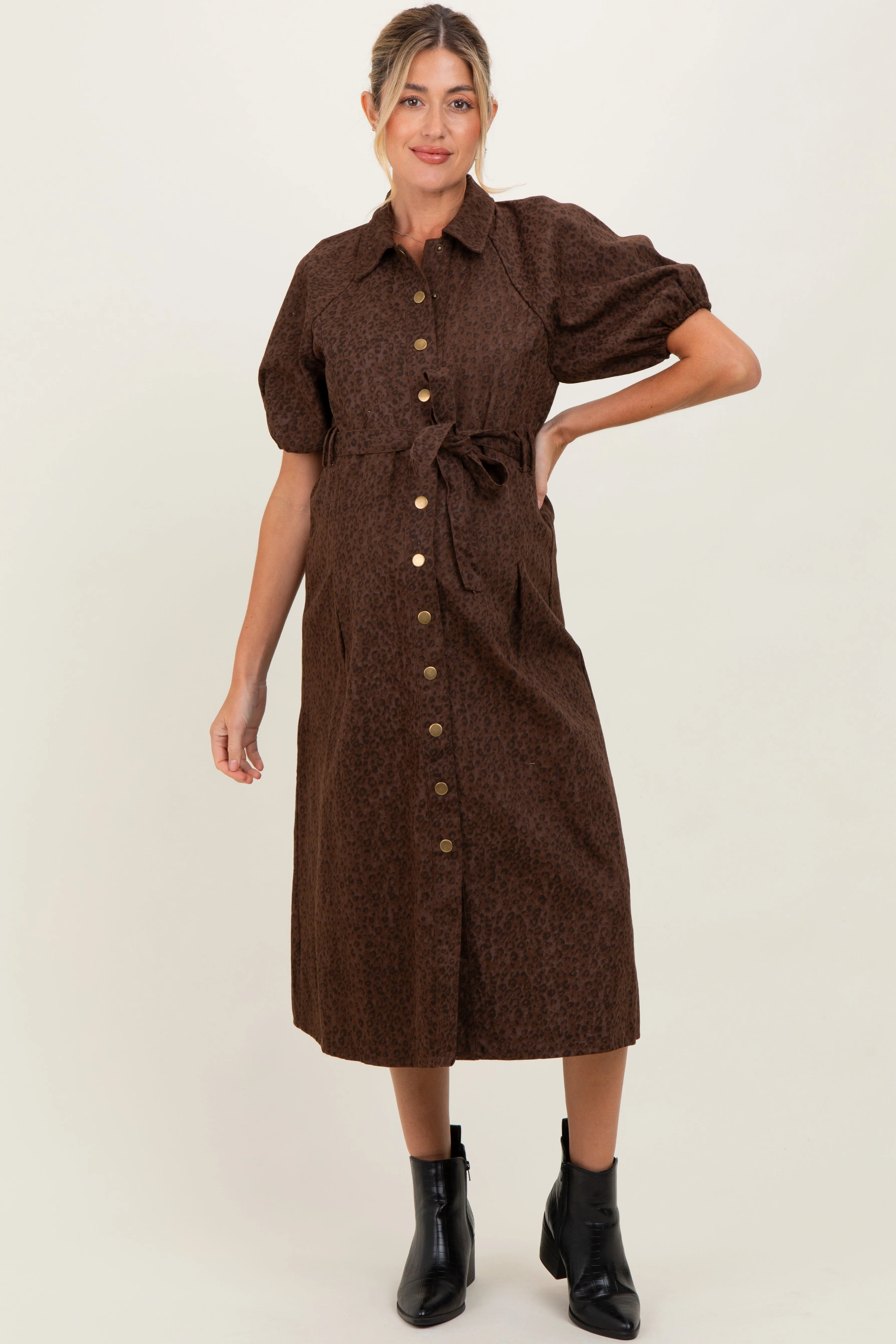 Brown Floral Button Front Waist Tie Maternity Midi Dress sold by Pinkblush product image thumbnail 2