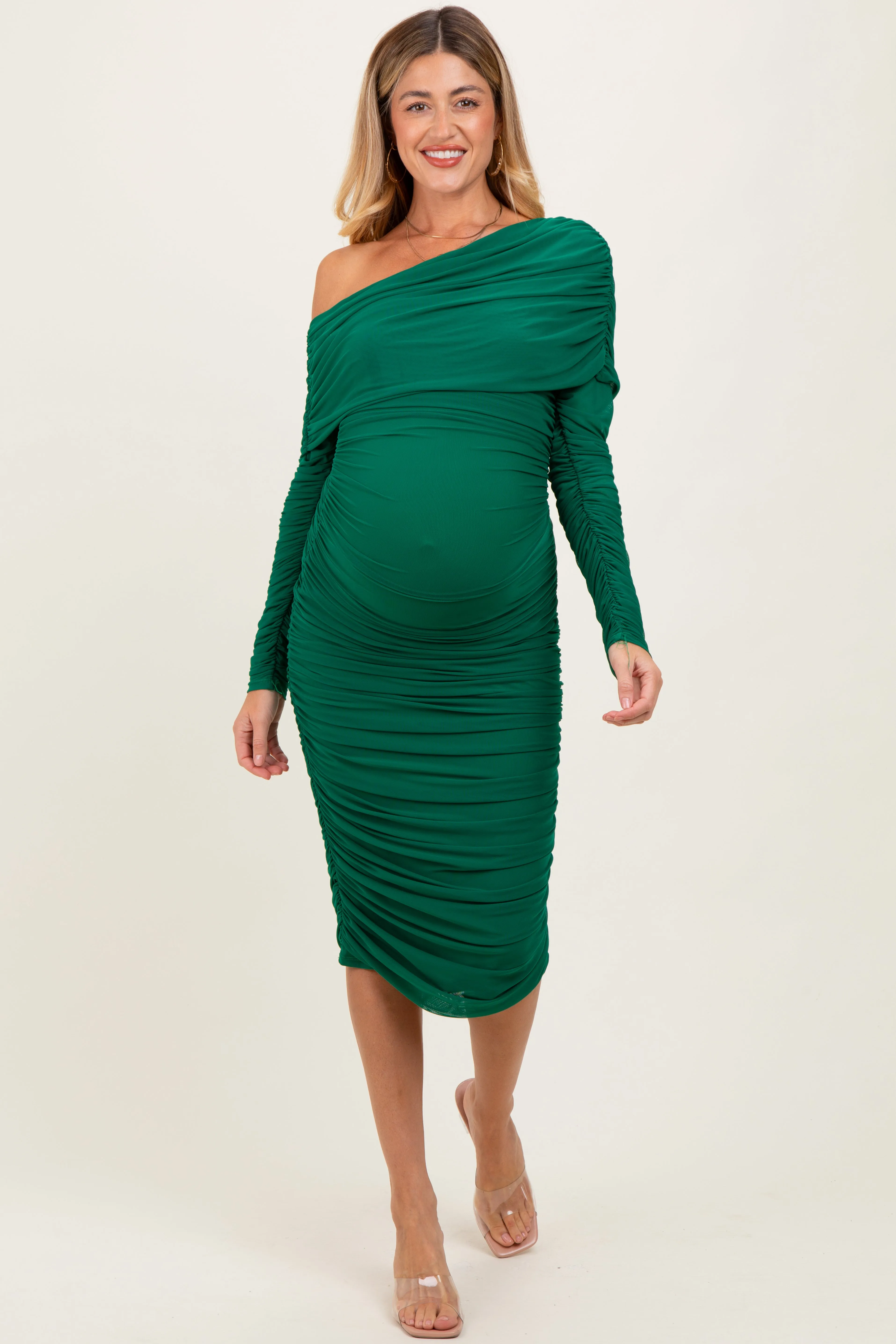 Forest Green Ruched Mesh Off Shoulder Long Sleeve Maternity Midi Dress sold by Pinkblush product image thumbnail 2