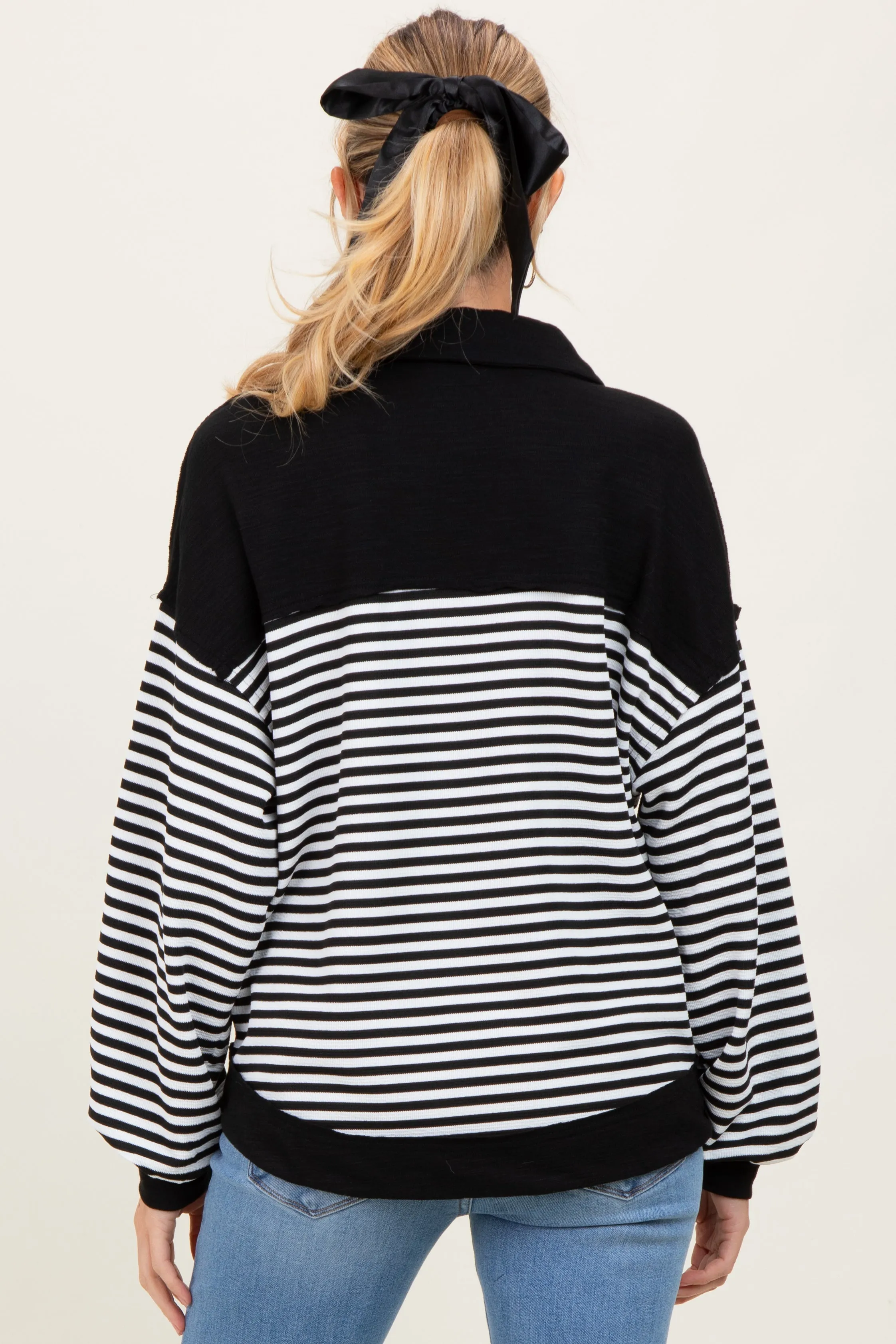 Black Striped Oversized Collared Pullover Maternity Top sold by Pinkblush product image thumbnail 3