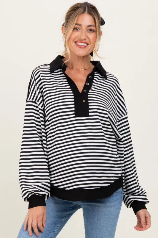 Black Striped Oversized Collared Pullover Maternity Top sold by Pinkblush