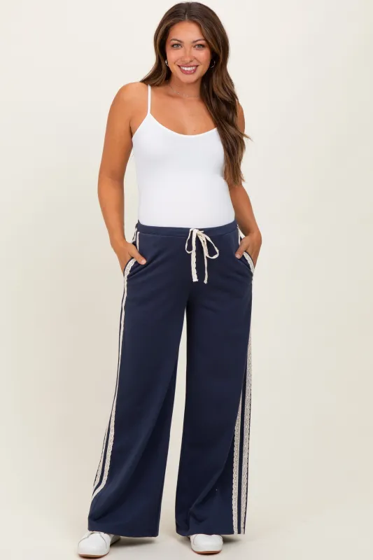 Navy Lace Stripe Drawstring Maternity Lounge Pants sold by Pinkblush