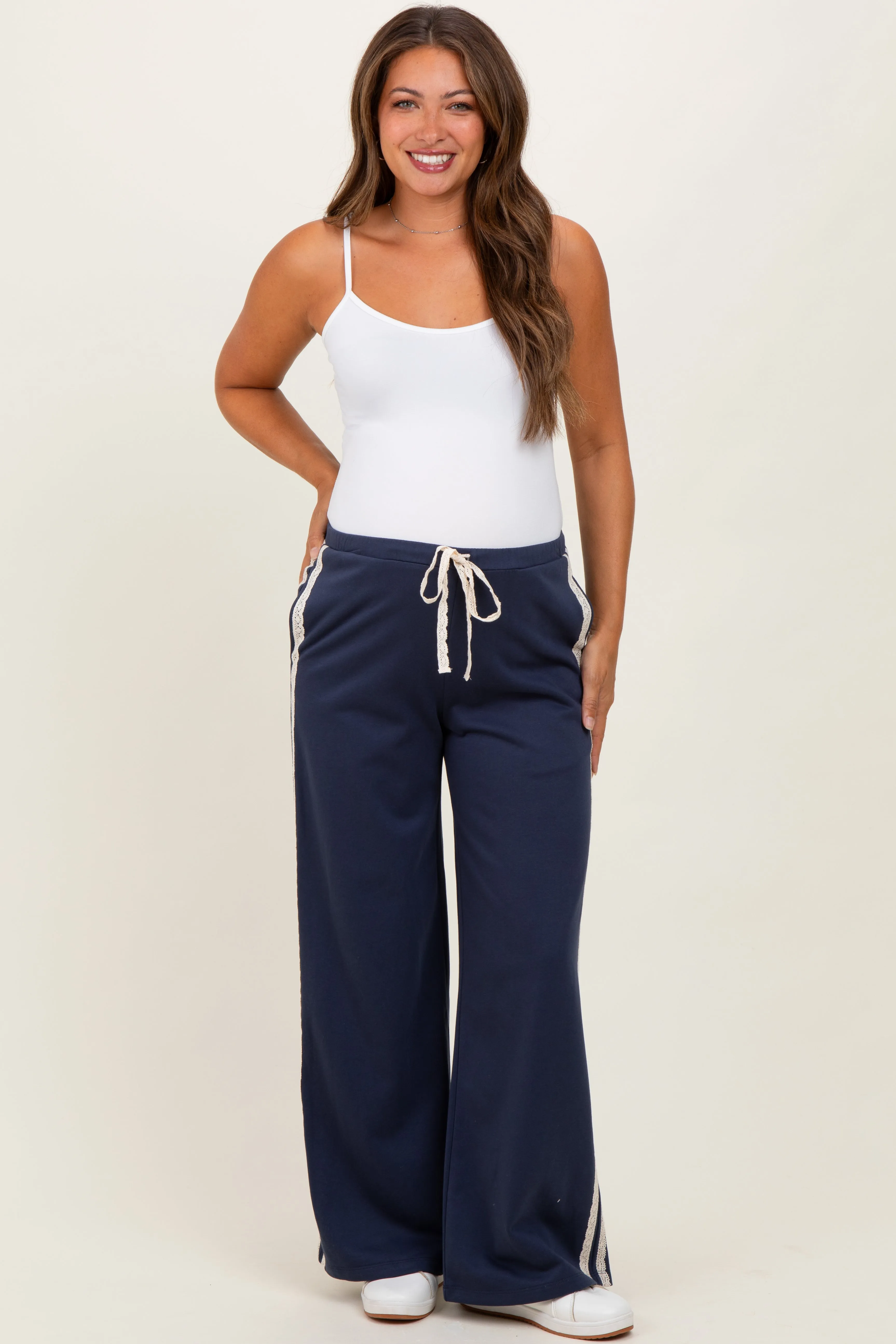 Navy Lace Stripe Drawstring Maternity Lounge Pants sold by Pinkblush product image thumbnail 2