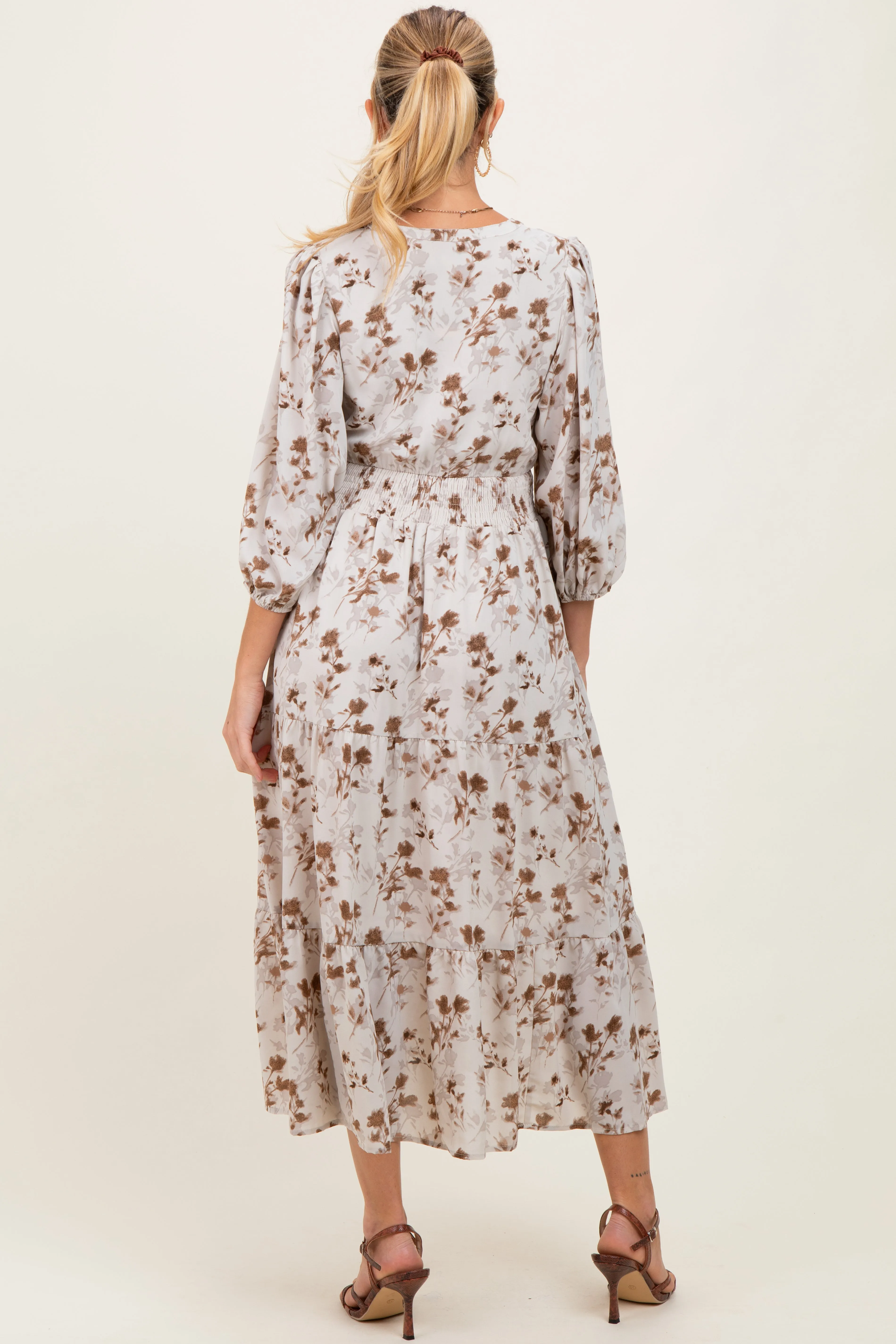 Cream Floral Button Front V-Neck Maternity Midi Dress sold by Pinkblush product image thumbnail 4