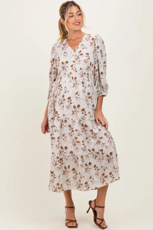 Cream Floral Button Front V-Neck Maternity Midi Dress sold by Pinkblush