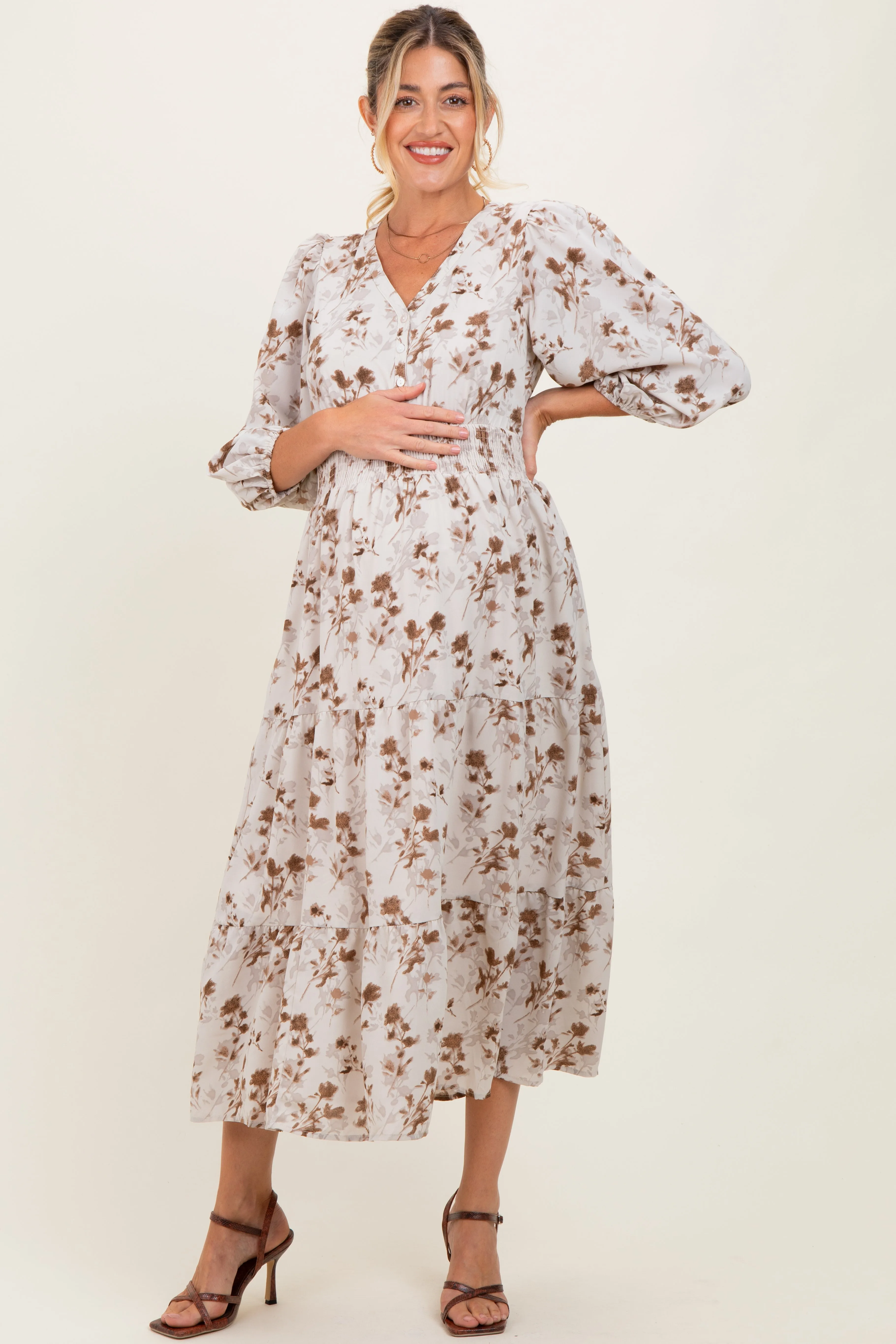 Cream Floral Button Front V-Neck Maternity Midi Dress sold by Pinkblush product image thumbnail 2