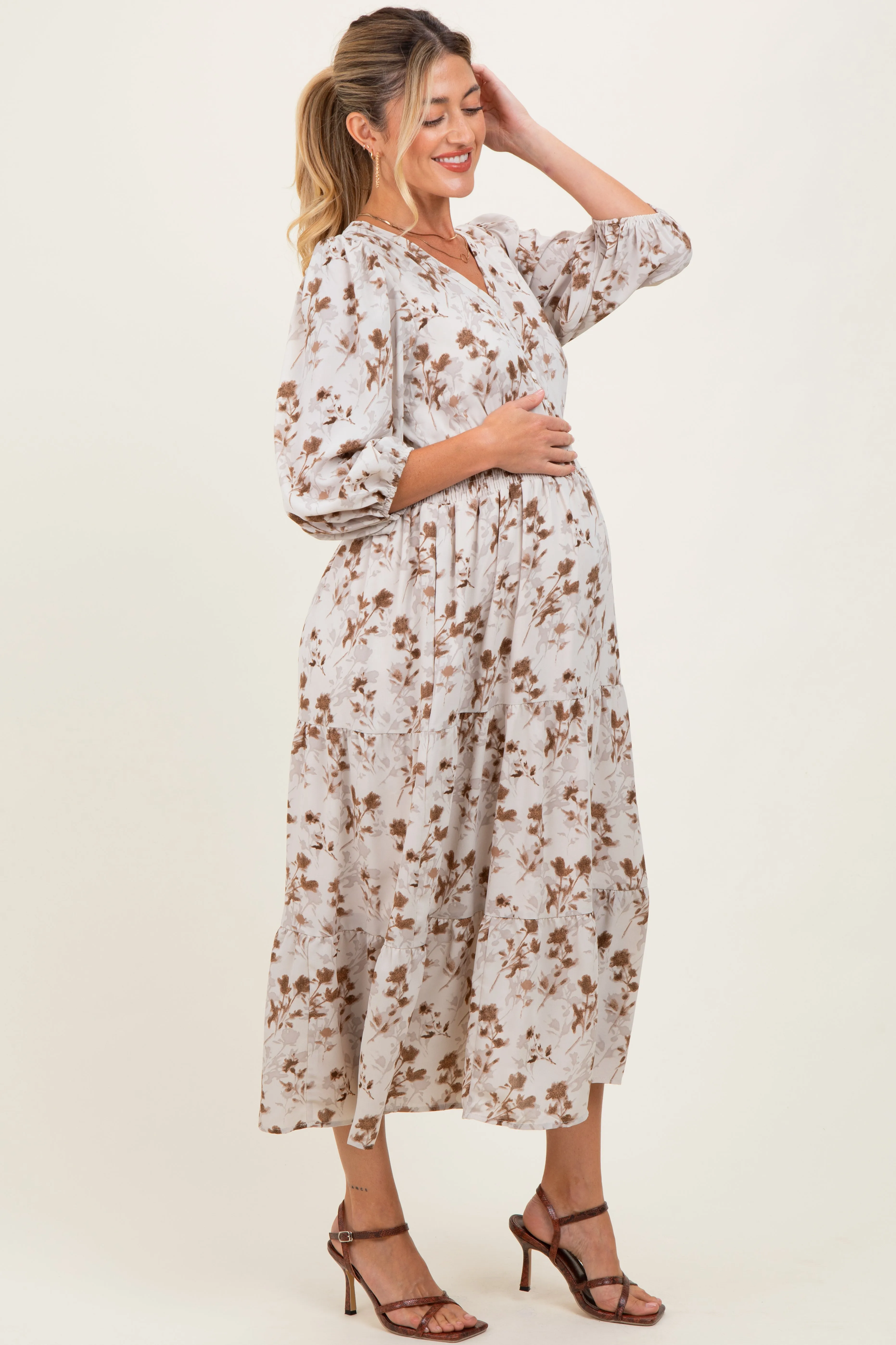 Cream Floral Button Front V-Neck Maternity Midi Dress sold by Pinkblush product image thumbnail 3