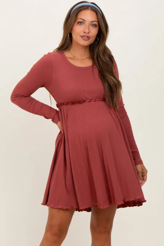 Rust Solid Ribbed Long Sleeve Crewneck Shirring Maternity Mini Dress sold by Pinkblush