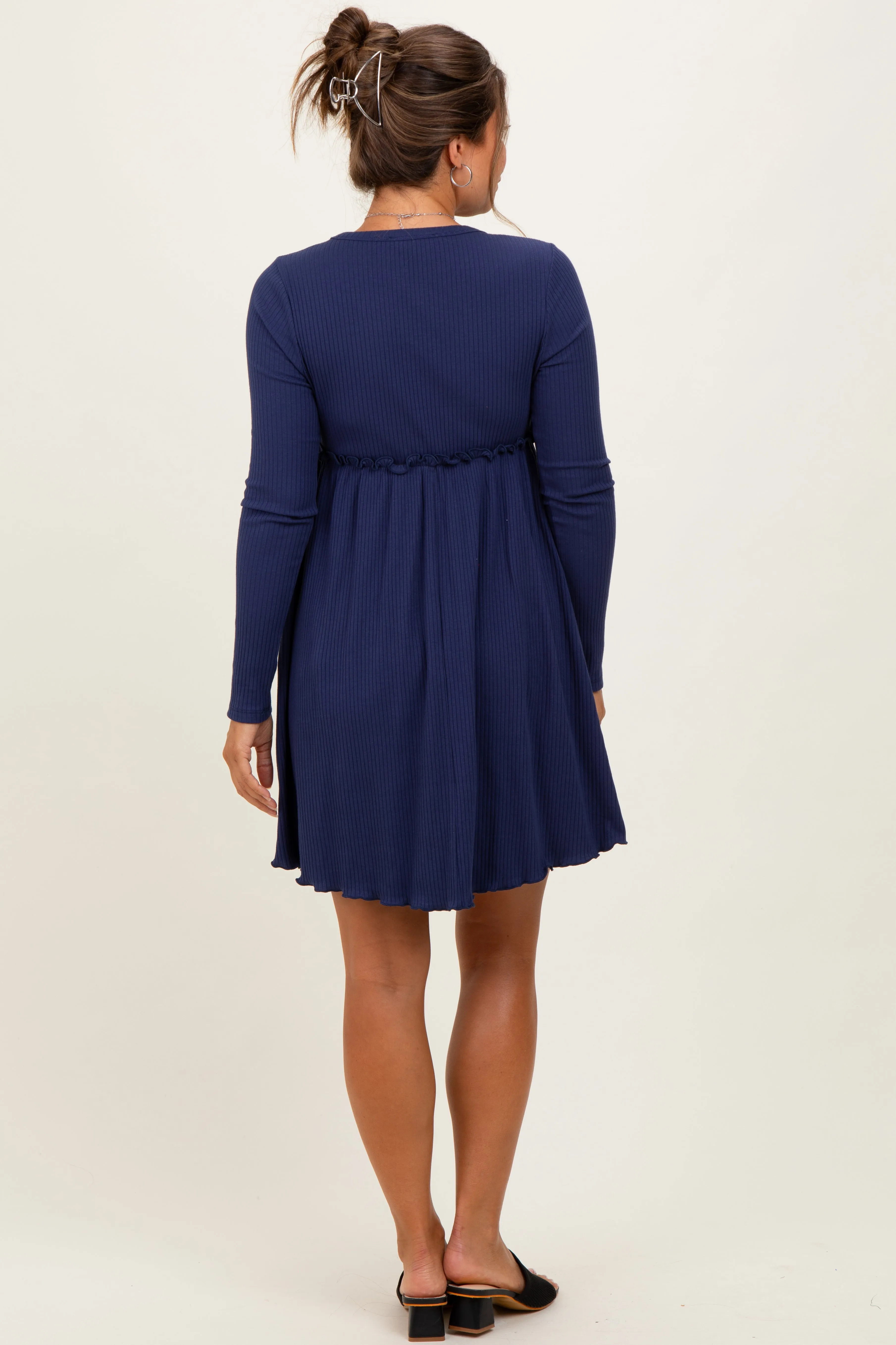 Navy Solid Ribbed Long Sleeve Crewneck Shirring Maternity Mini Dress sold by Pinkblush product image thumbnail 4