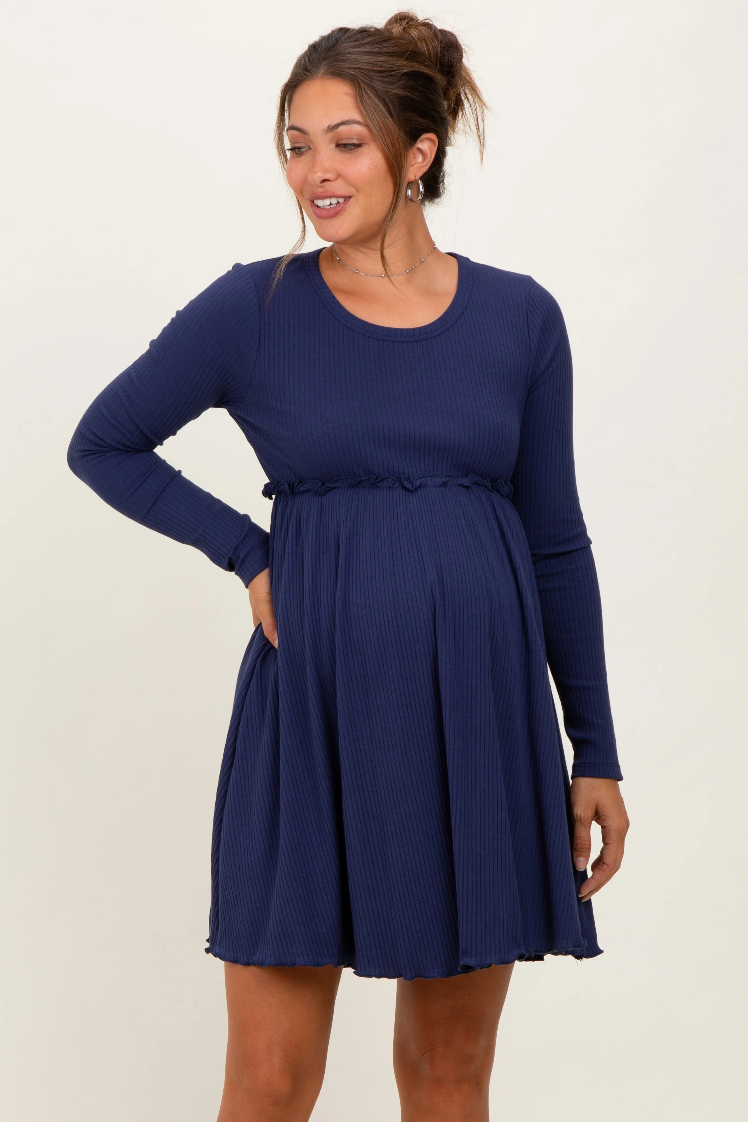 Navy Solid Ribbed Long Sleeve Crewneck Shirring Maternity Mini Dress sold by Pinkblush