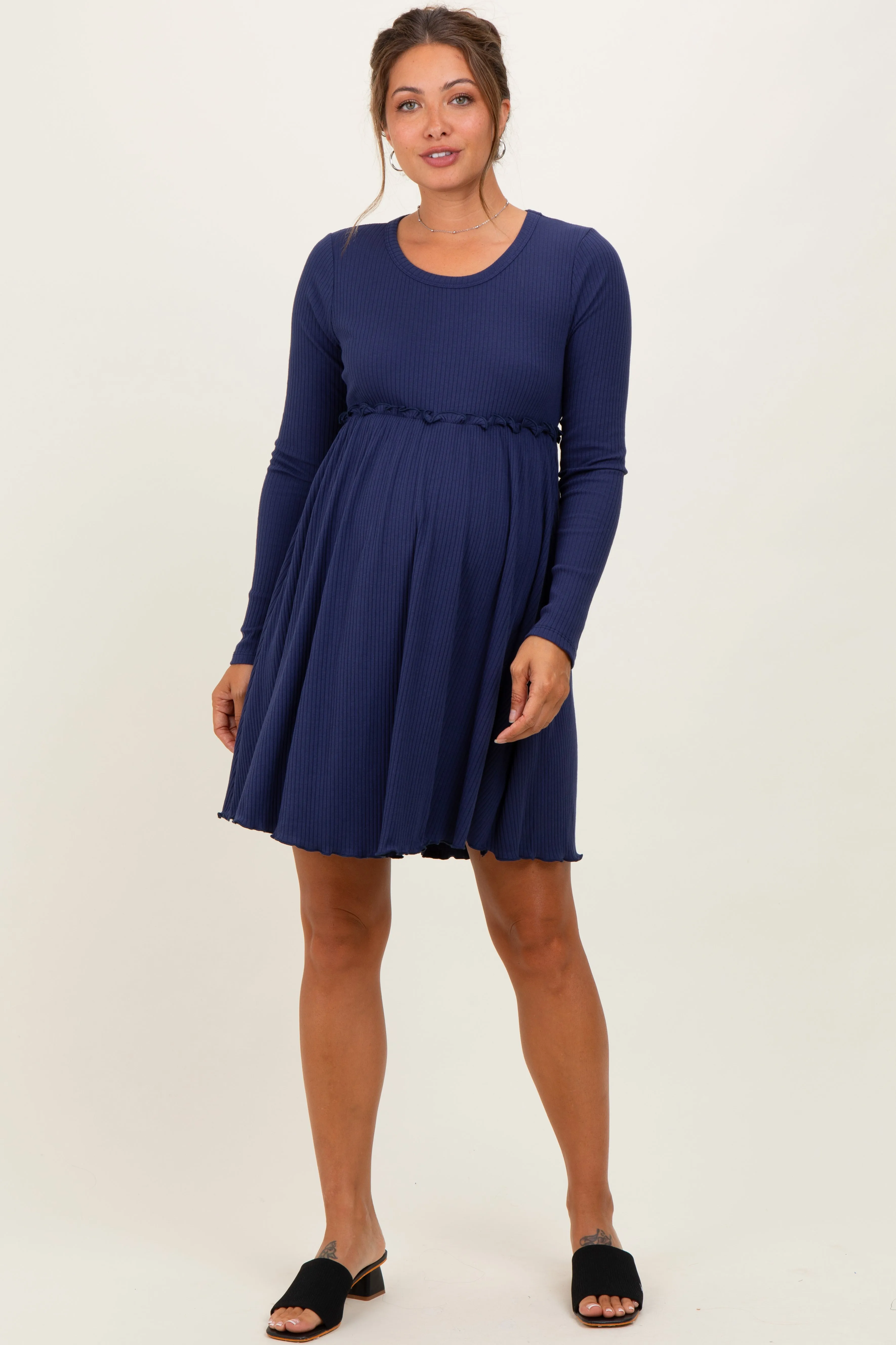 Navy Solid Ribbed Long Sleeve Crewneck Shirring Maternity Mini Dress sold by Pinkblush product image thumbnail 2