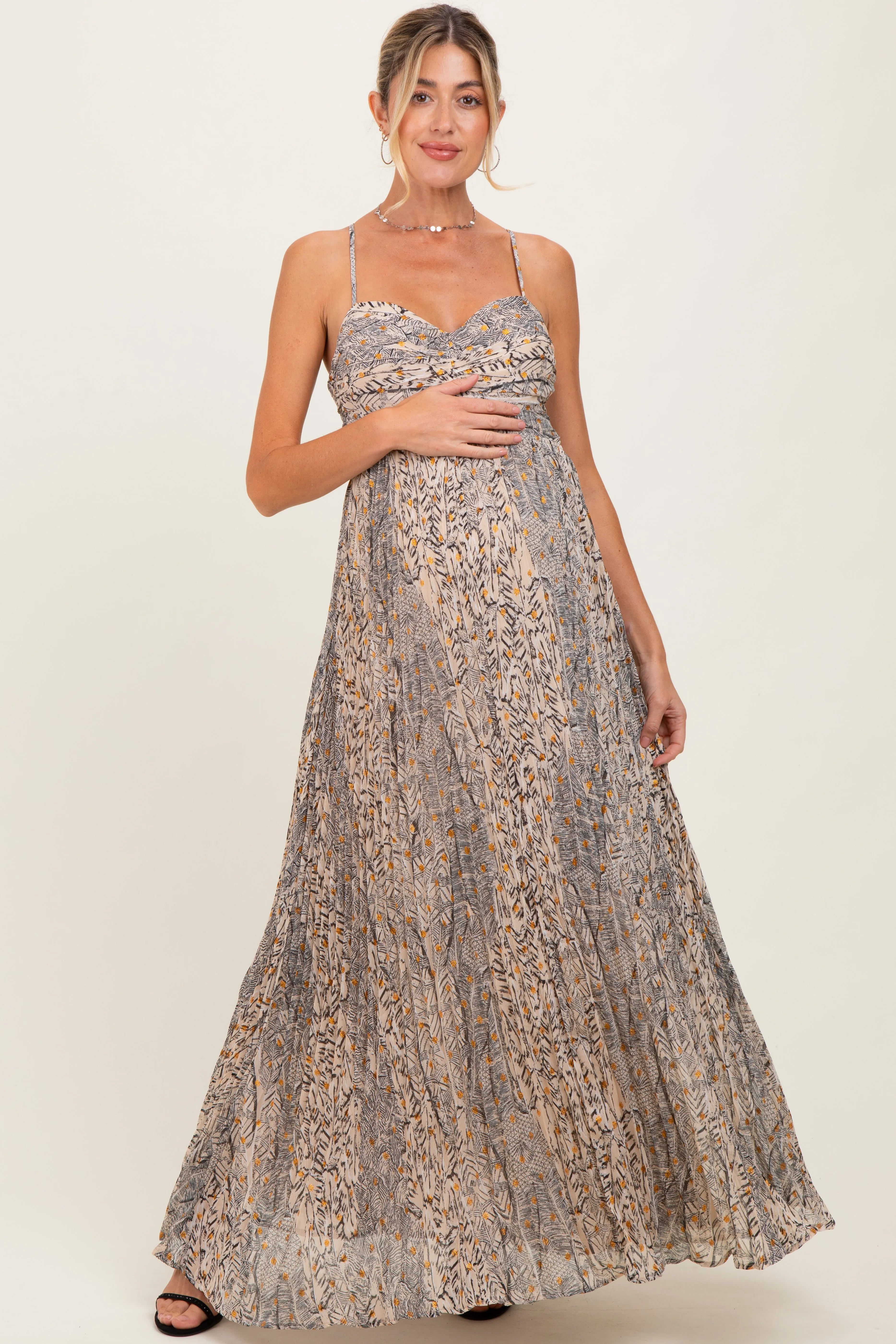 Beige Floral Cutout Tie Back Maternity Maxi Dress sold by Pinkblush product image thumbnail 2