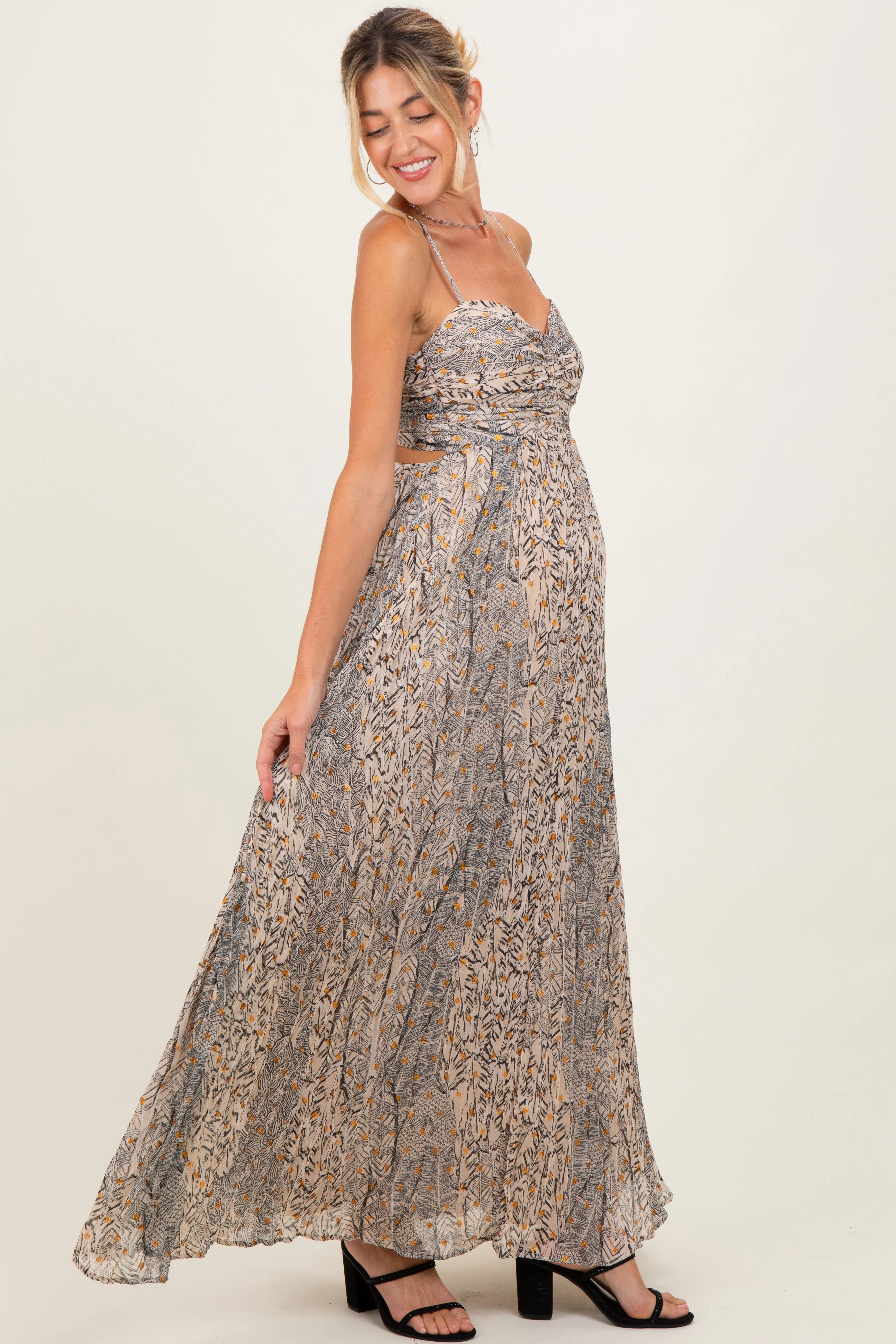 Beige Floral Cutout Tie Back Maternity Maxi Dress sold by Pinkblush product image thumbnail 3