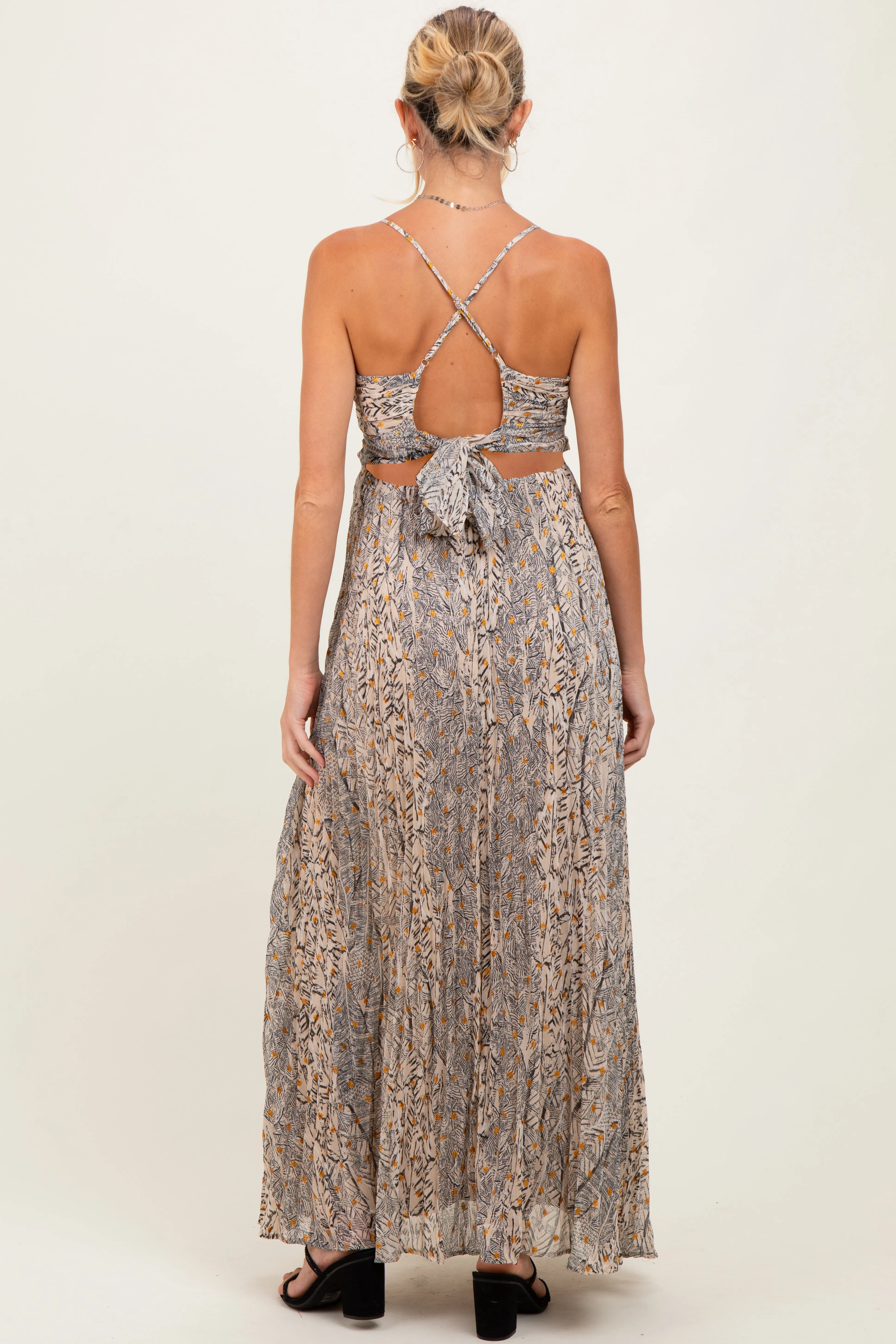 Beige Floral Cutout Tie Back Maternity Maxi Dress sold by Pinkblush product image thumbnail 4