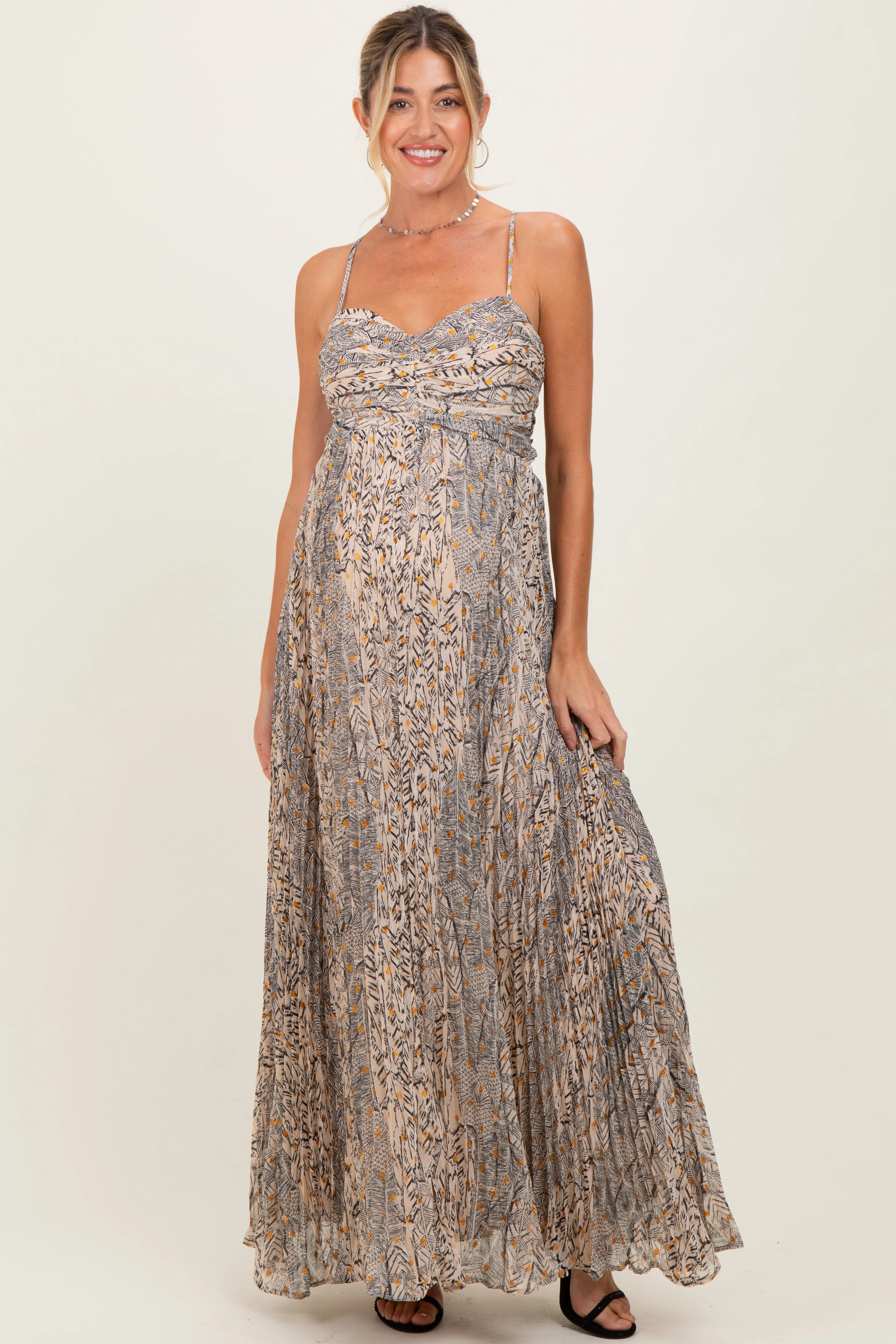 Beige Floral Cutout Tie Back Maternity Maxi Dress sold by Pinkblush