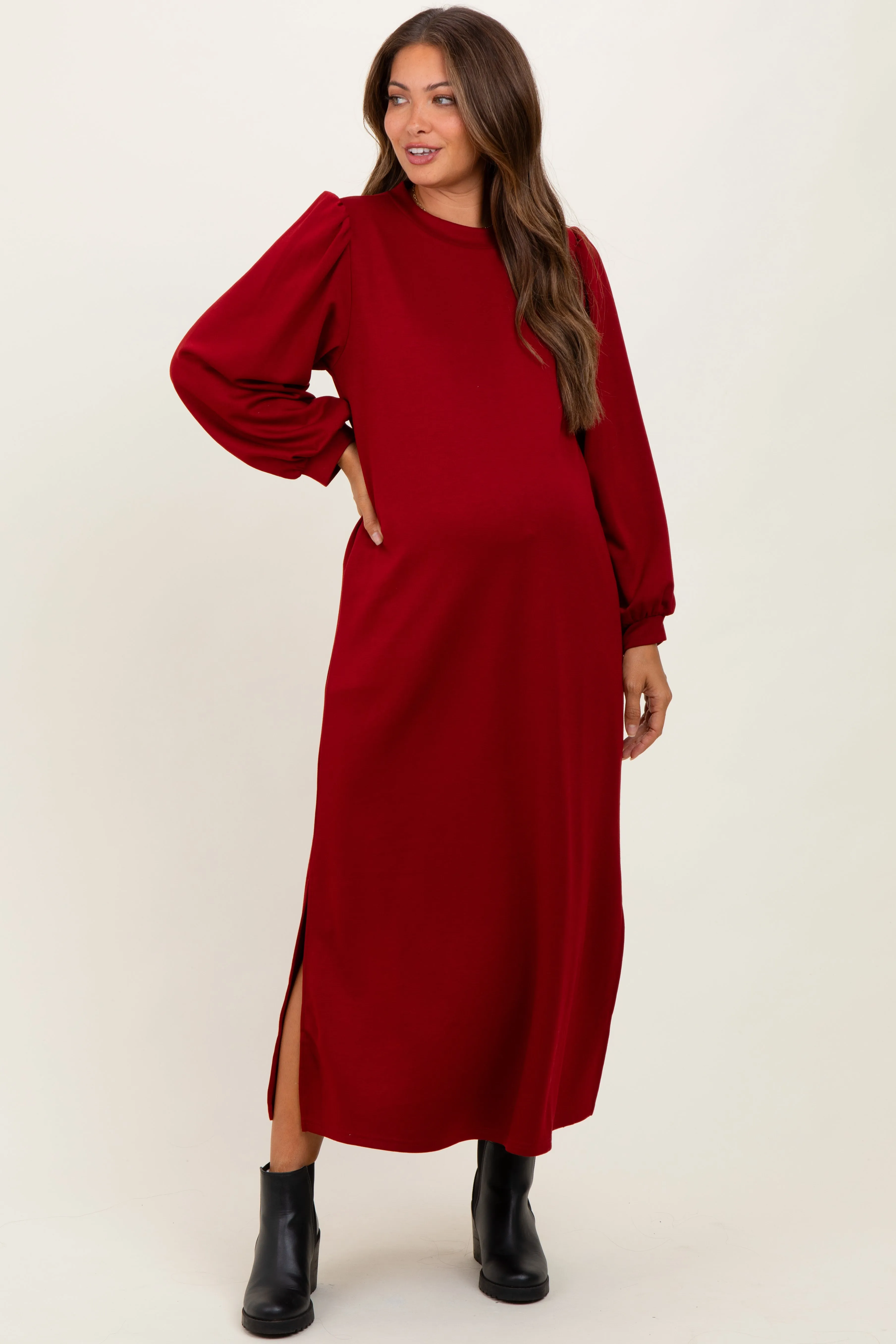 Burgundy Side Slit Detail Solid Maternity Midi Dress sold by Pinkblush product image thumbnail 2