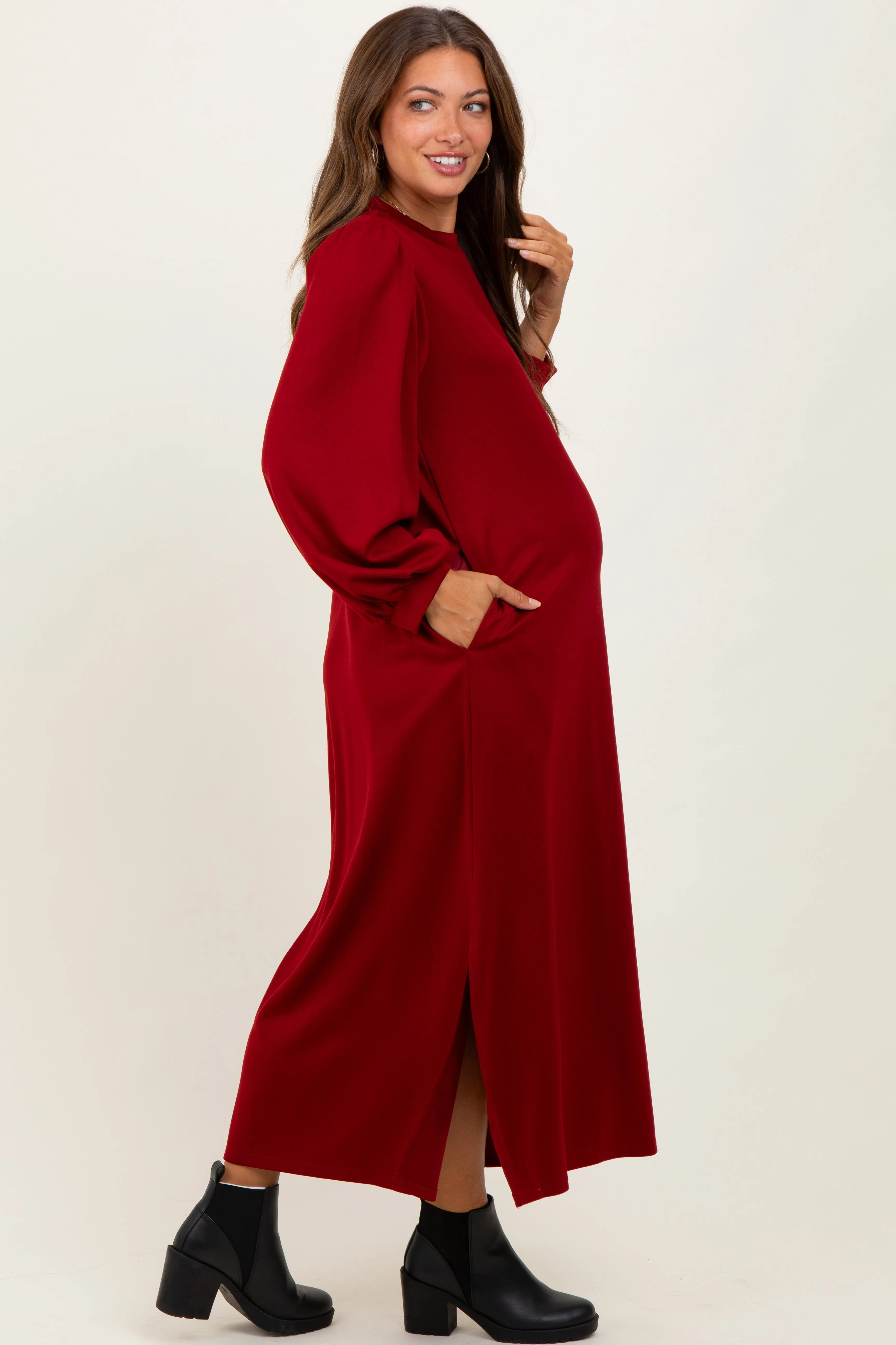 Burgundy Side Slit Detail Solid Maternity Midi Dress sold by Pinkblush product image thumbnail 3