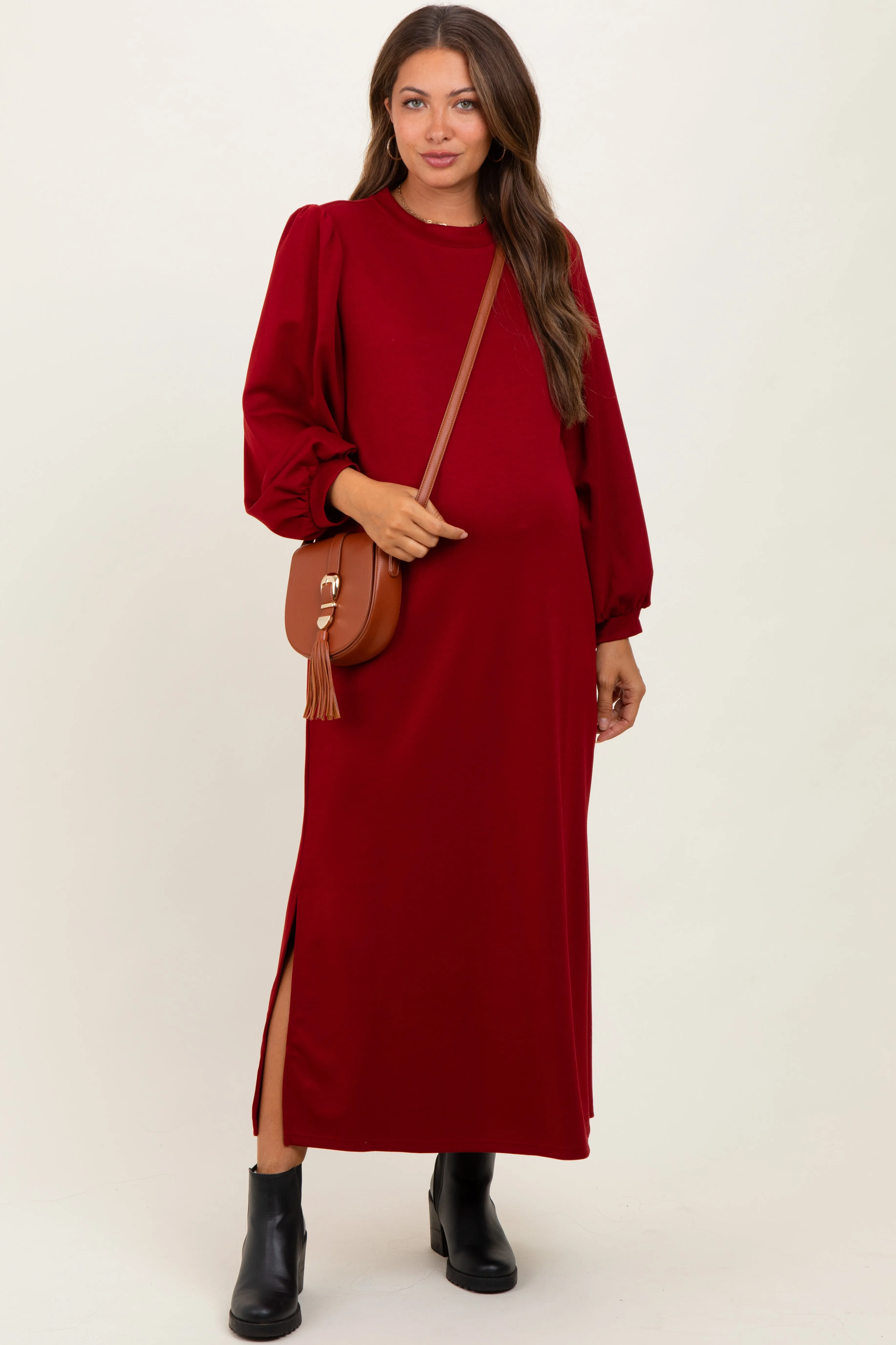 Burgundy Side Slit Detail Solid Maternity Midi Dress sold by Pinkblush