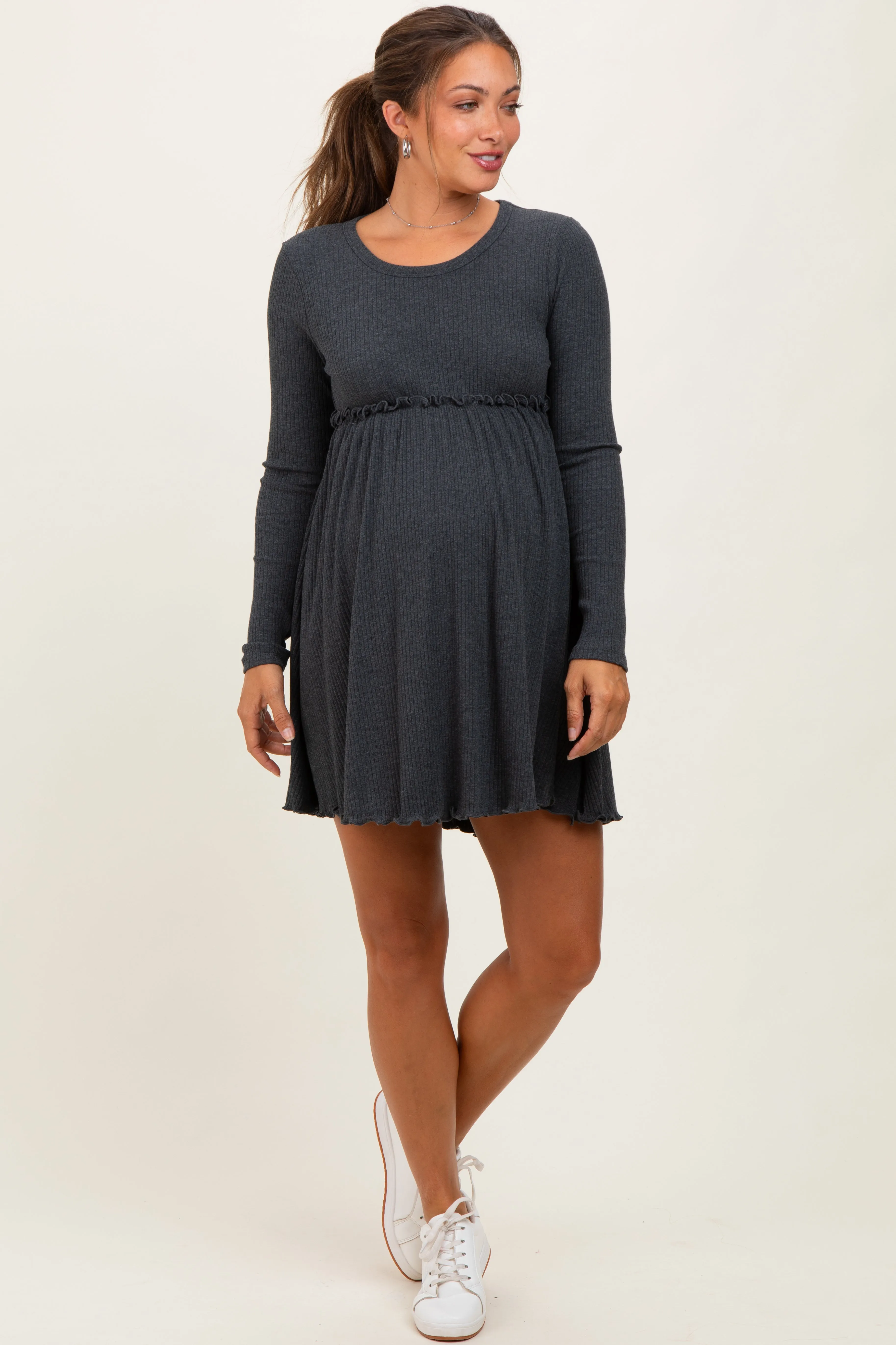 Charcoal Solid Ribbed Long Sleeve Crewneck Shirring Maternity Mini Dress sold by Pinkblush
