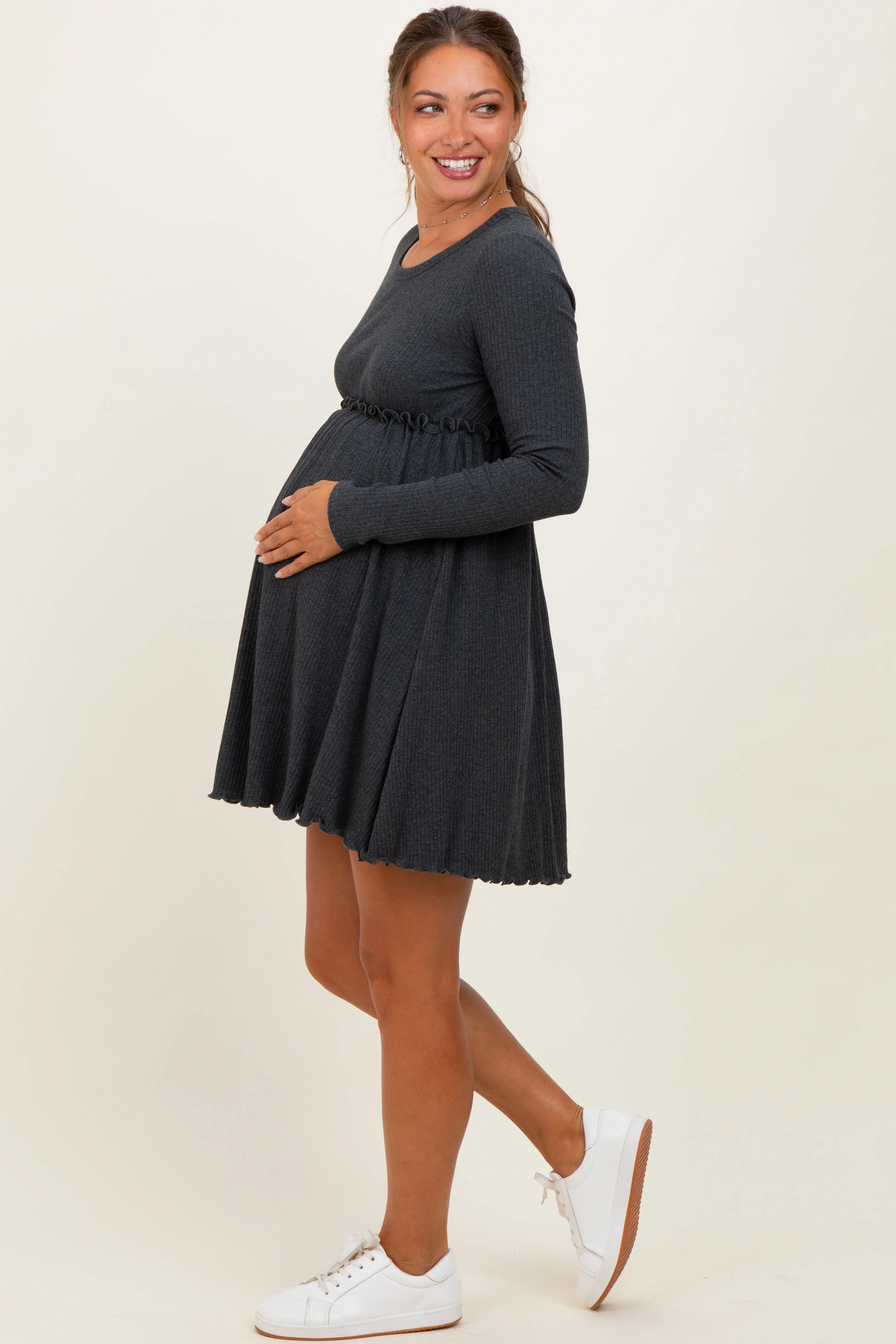 Charcoal Solid Ribbed Long Sleeve Crewneck Shirring Maternity Mini Dress sold by Pinkblush product image thumbnail 2