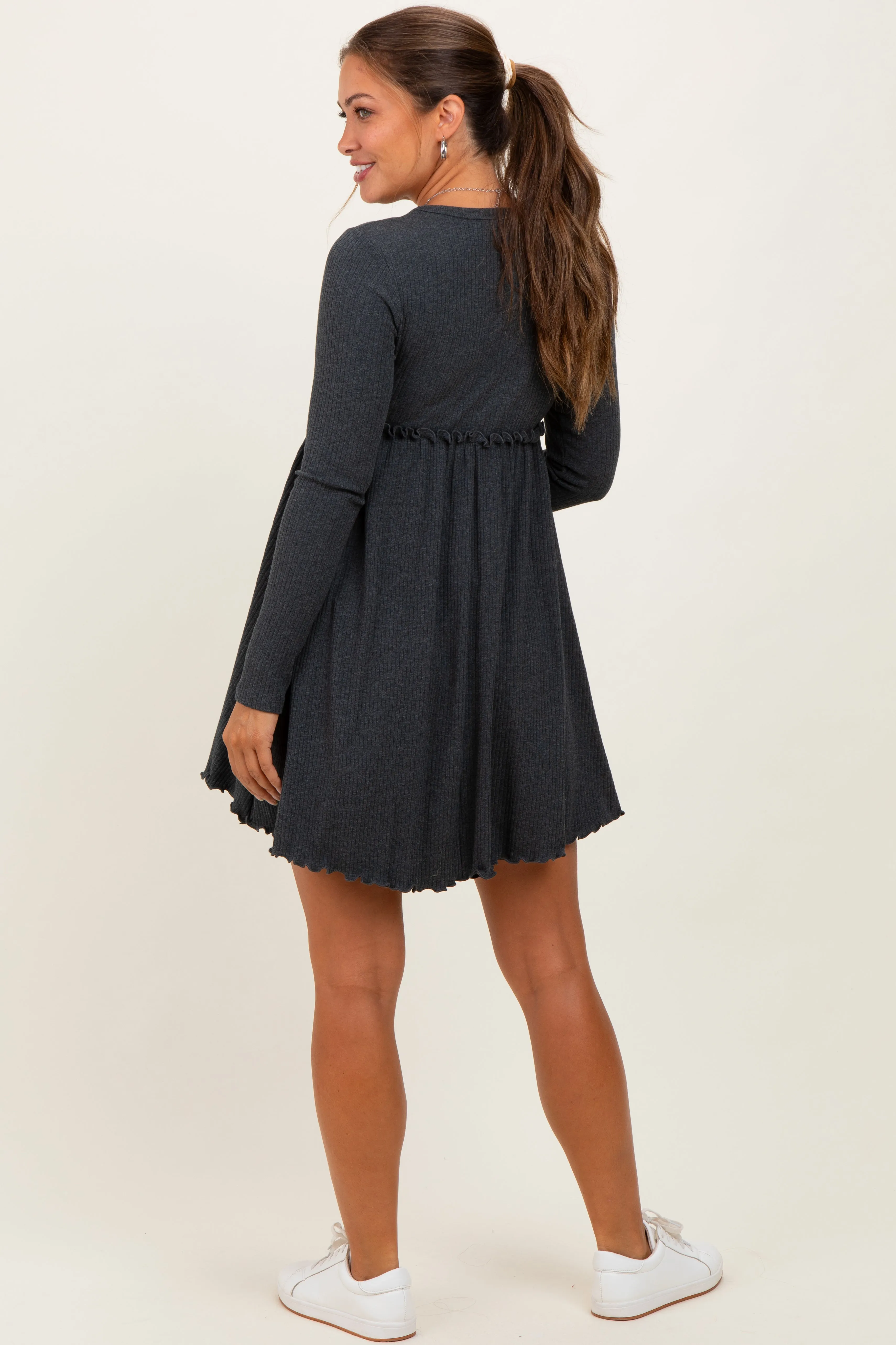 Charcoal Solid Ribbed Long Sleeve Crewneck Shirring Maternity Mini Dress sold by Pinkblush product image thumbnail 3