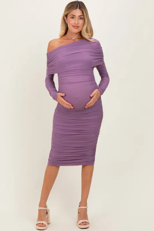 Lavender Ruched Mesh Off Shoulder Long Sleeve Maternity Midi Dress sold by Pinkblush