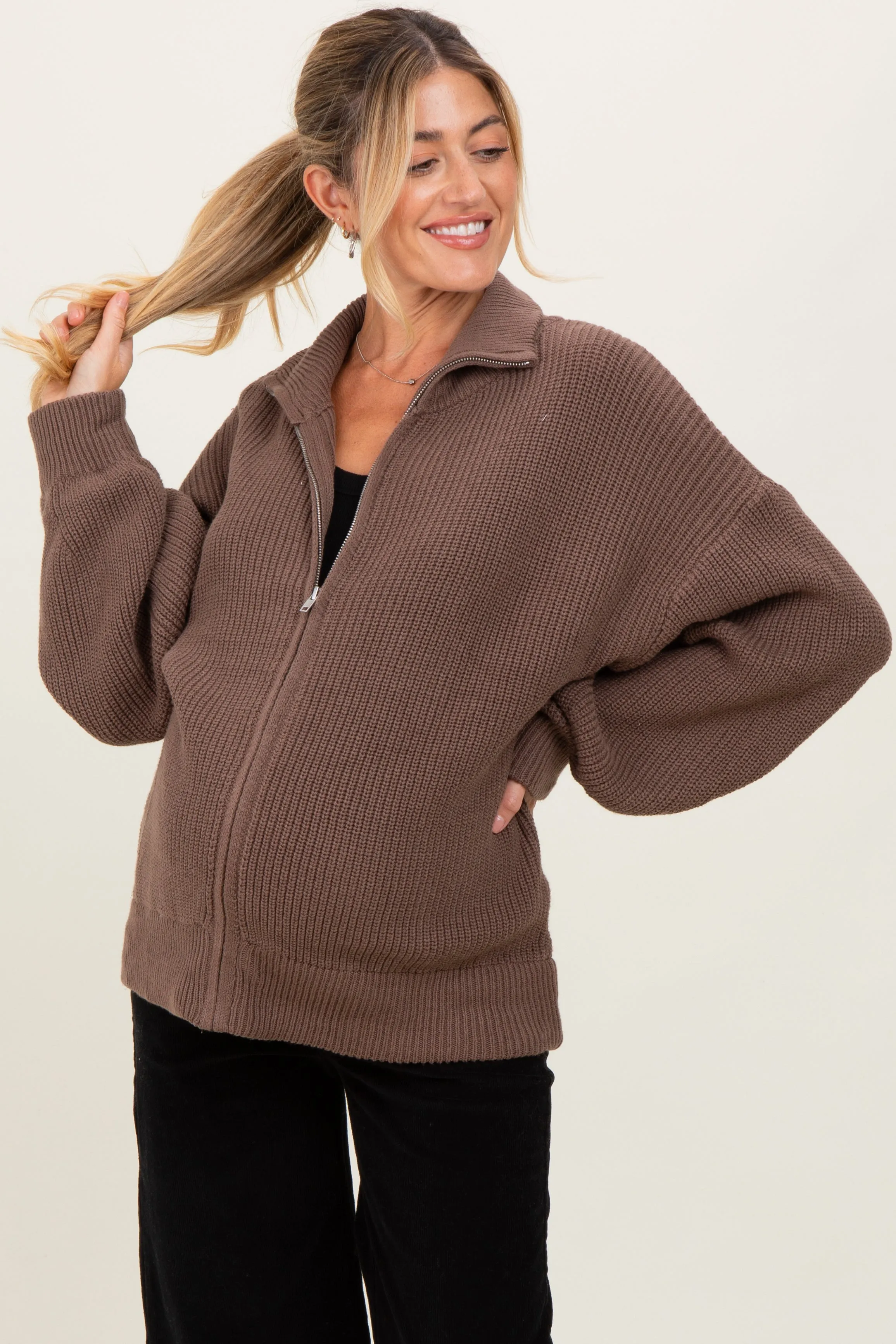 Light Mocha Oversized Zip Up Maternity Cardigan sold by Pinkblush