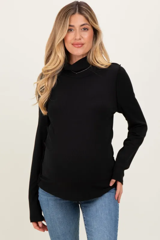 Black Solid Long Sleeve Ribbed Turtle Neck Maternity Top sold by Pinkblush