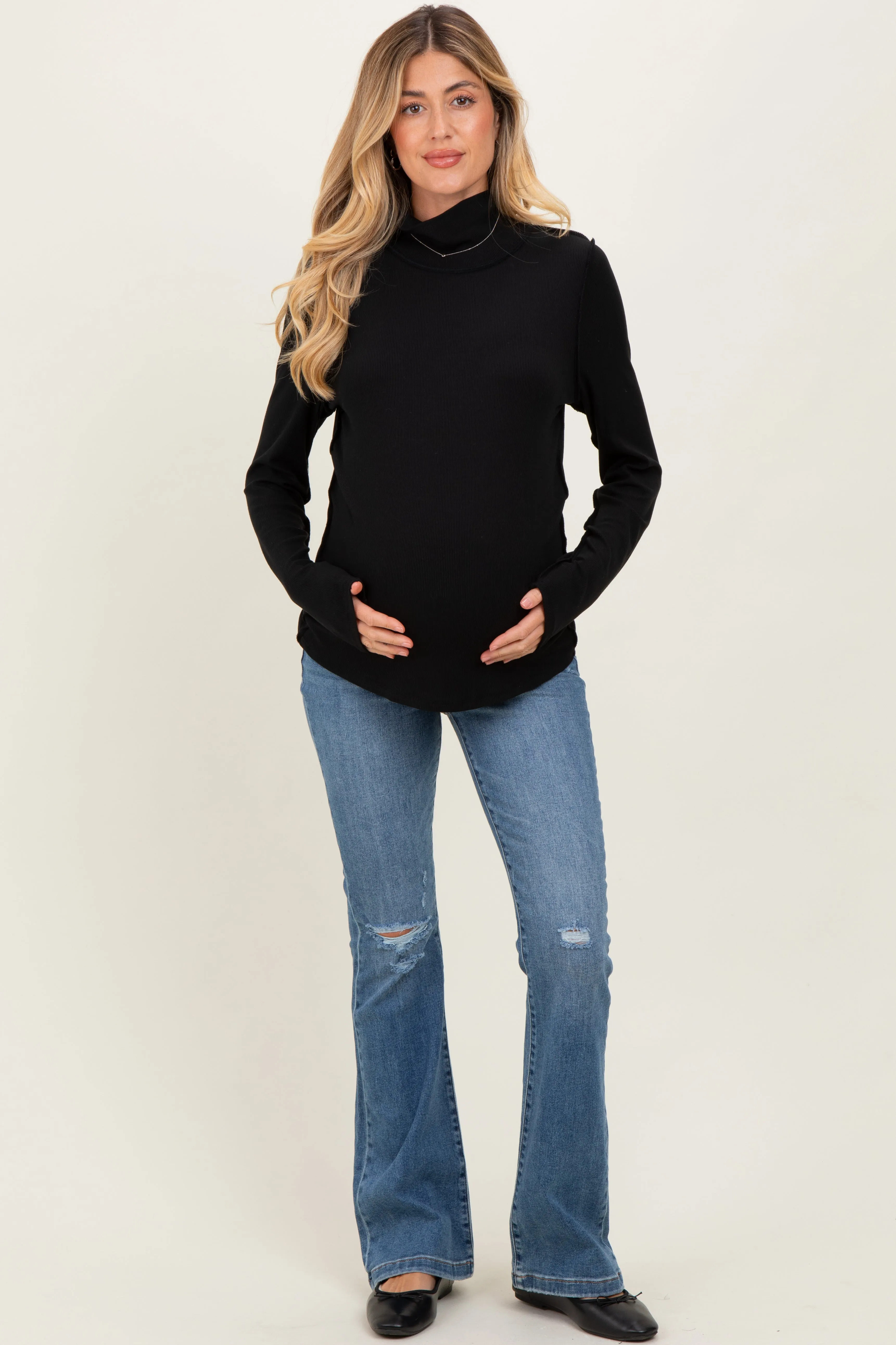 Black Solid Long Sleeve Ribbed Turtle Neck Maternity Top sold by Pinkblush product image thumbnail 2