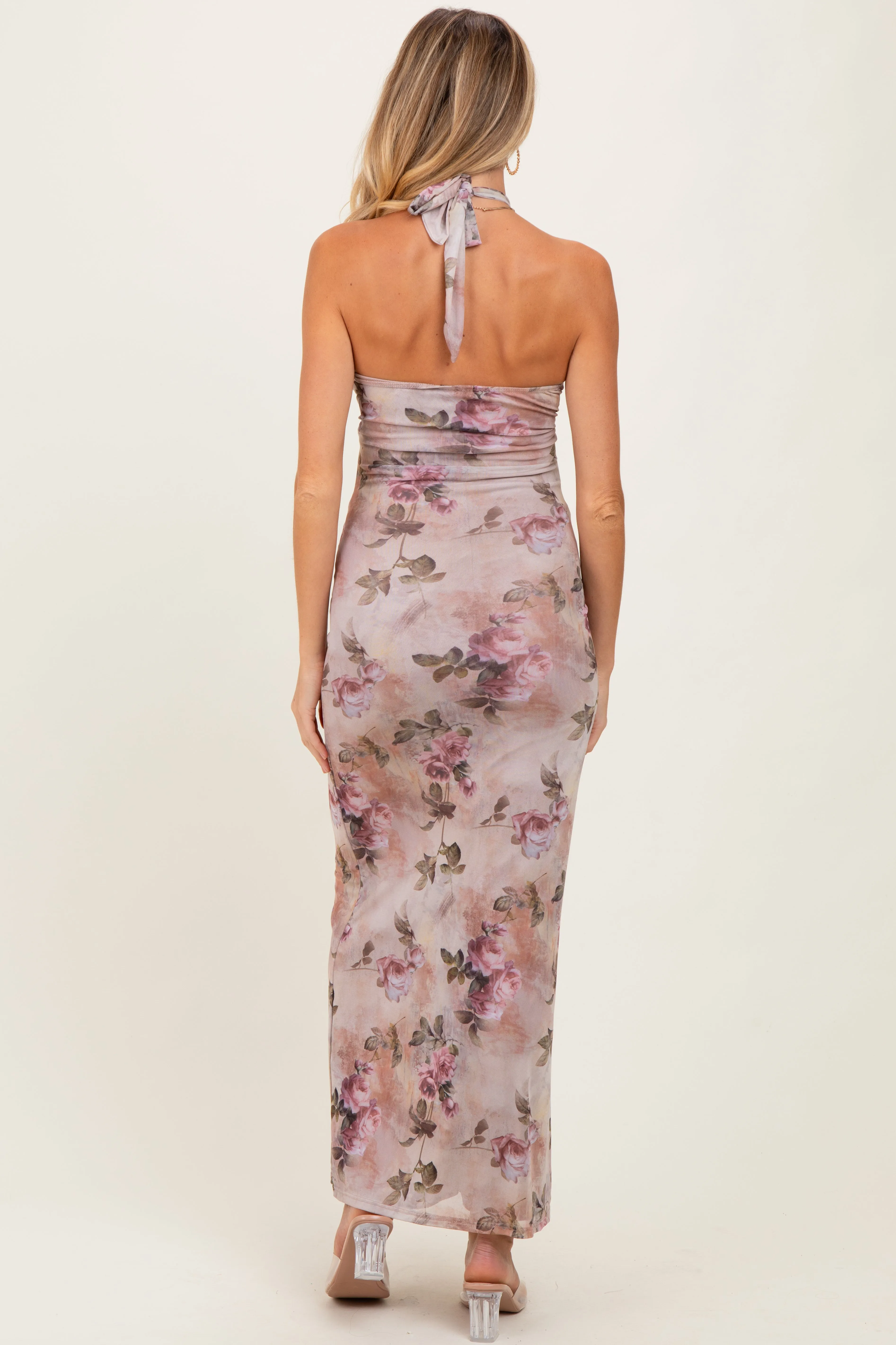 Mauve Floral Halter Cutout Maternity Maxi Dress sold by Pinkblush product image thumbnail 3