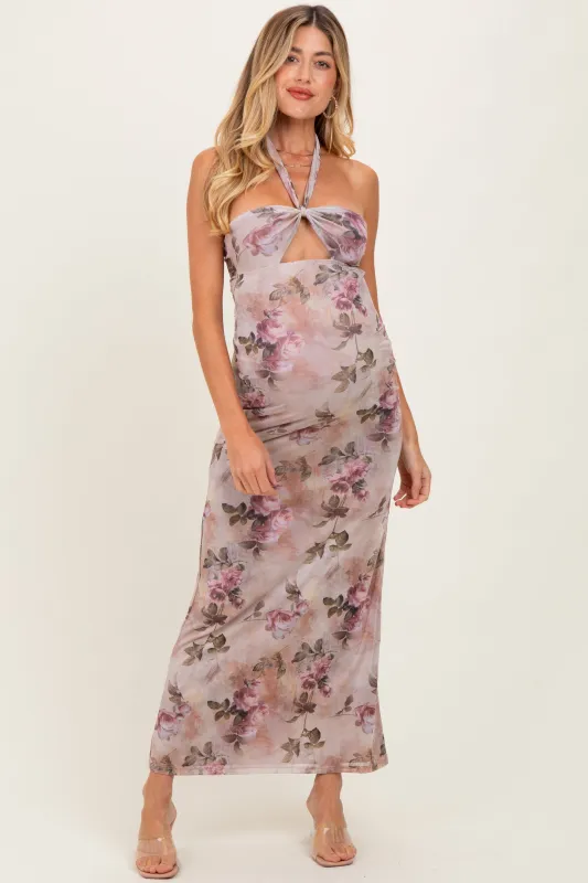 Mauve Floral Halter Cutout Maternity Maxi Dress sold by Pinkblush
