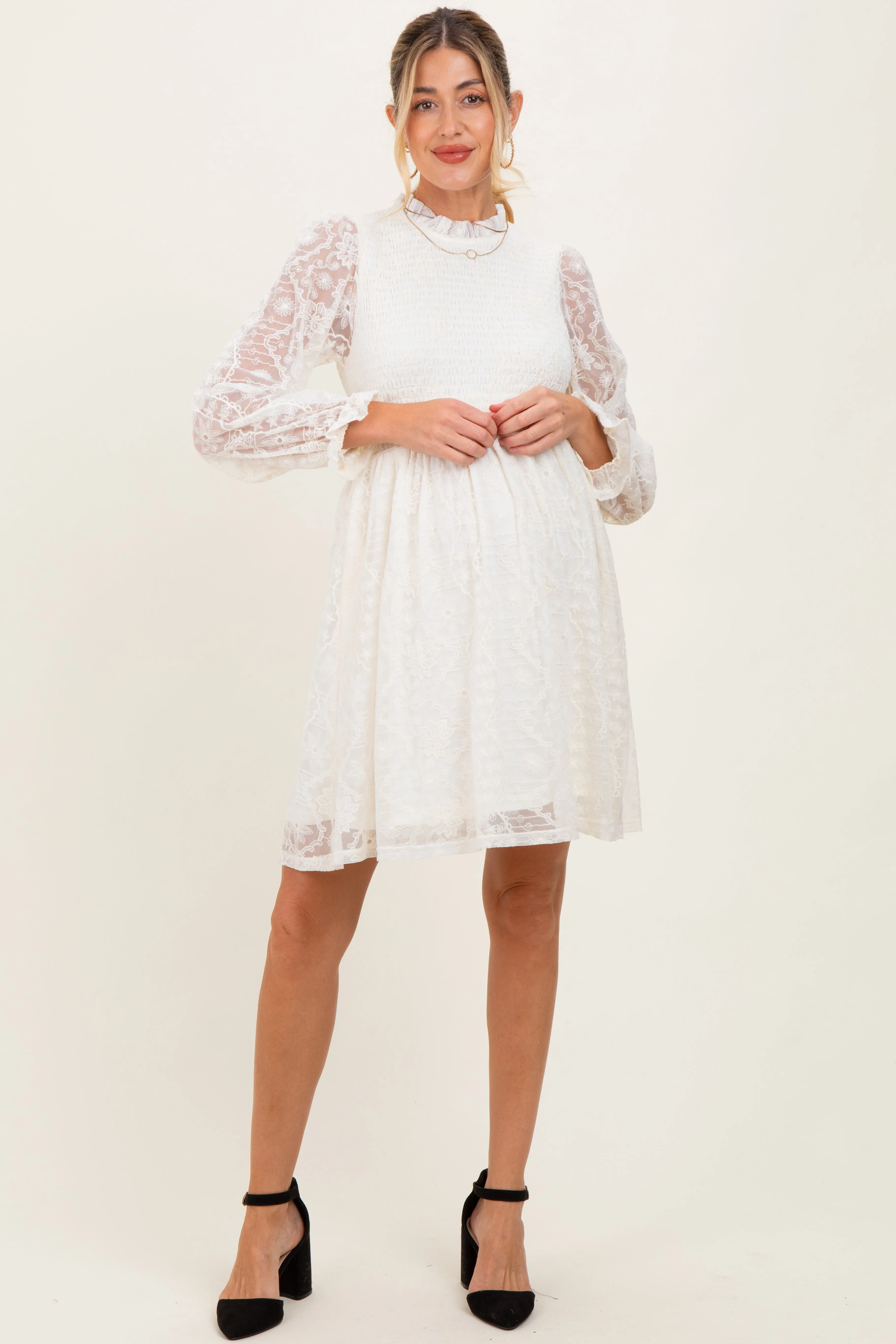 Cream Lace Smocked Long Sleeve Maternity Dress sold by Pinkblush