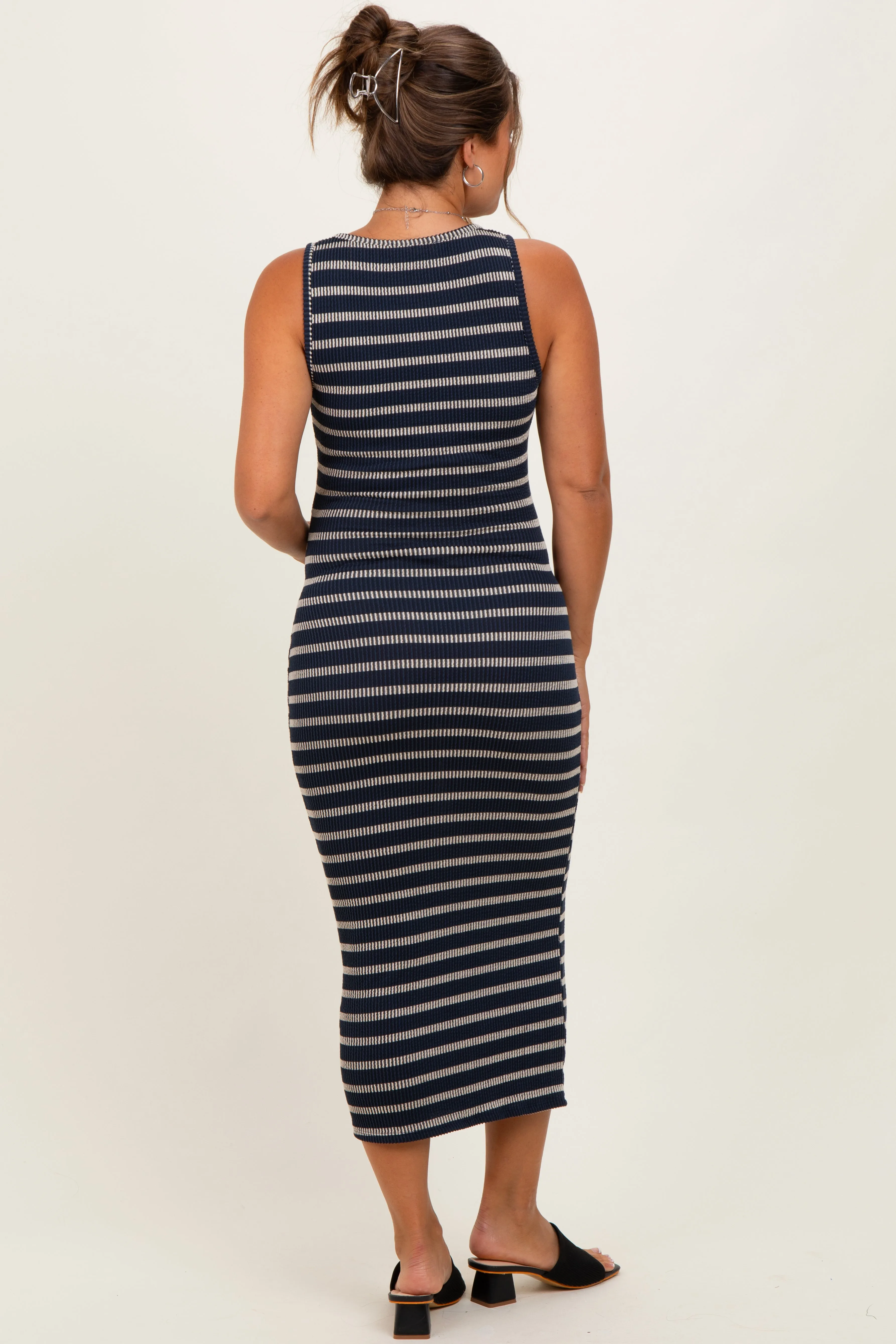 Navy Stripe Ribbed Sleeveless V Neck Maternity Maxi Dress sold by Pinkblush product image thumbnail 4