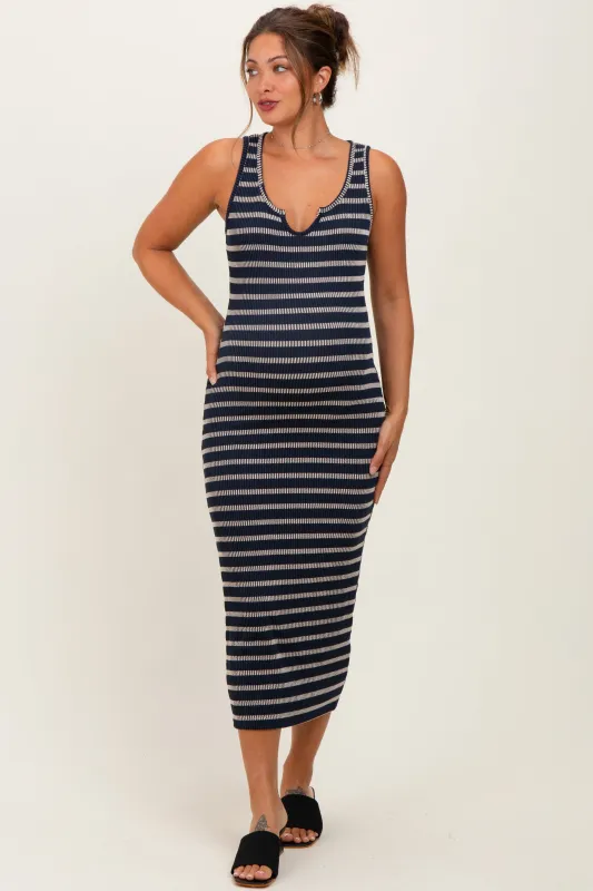 Navy Stripe Ribbed Sleeveless V Neck Maternity Maxi Dress sold by Pinkblush