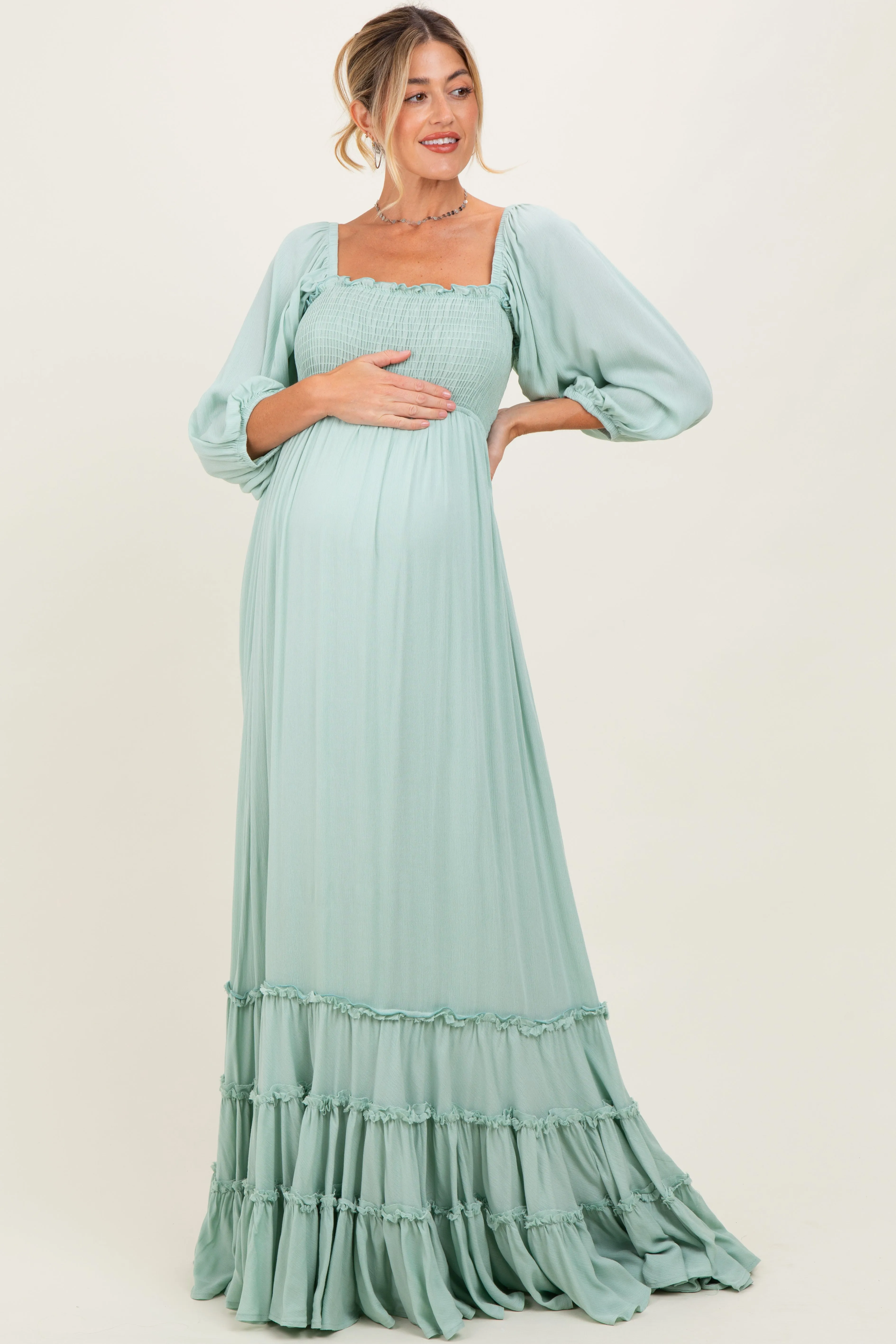Sage Solid 3/4 Sleeve Smocked Top Tiered Maternity Maxi Dress sold by Pinkblush
