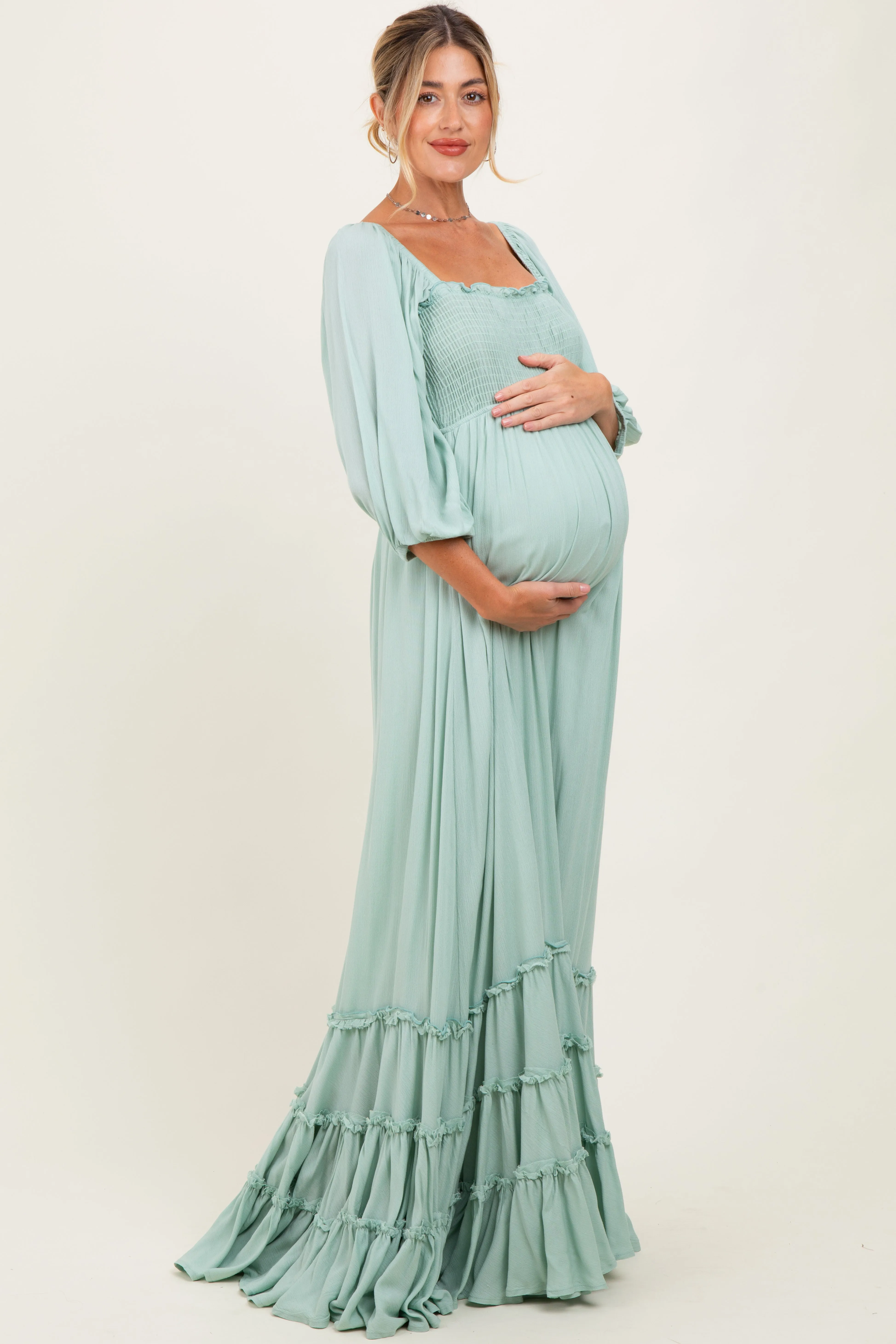 Sage Solid 3/4 Sleeve Smocked Top Tiered Maternity Maxi Dress sold by Pinkblush product image thumbnail 2