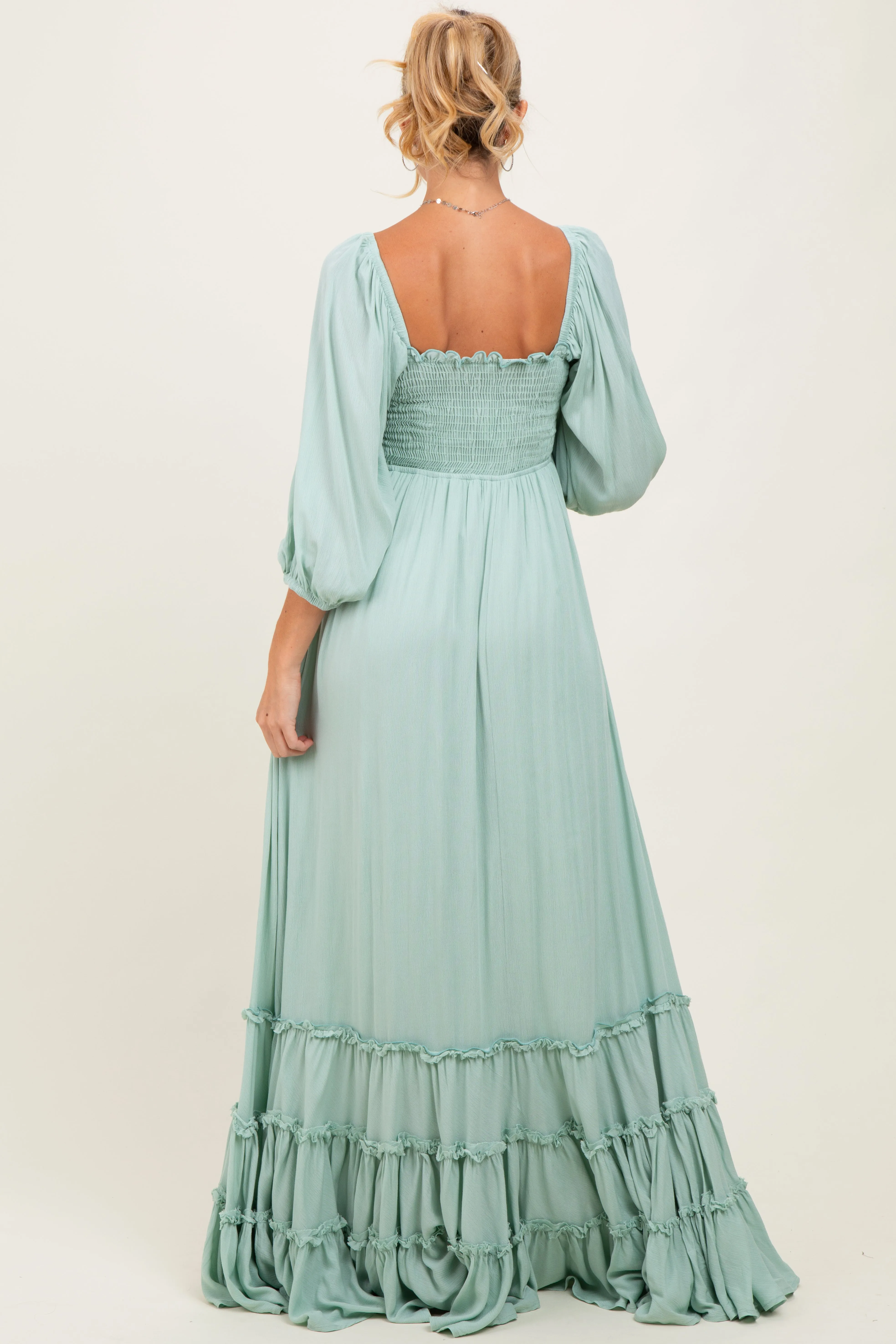Sage Solid 3/4 Sleeve Smocked Top Tiered Maternity Maxi Dress sold by Pinkblush product image thumbnail 3