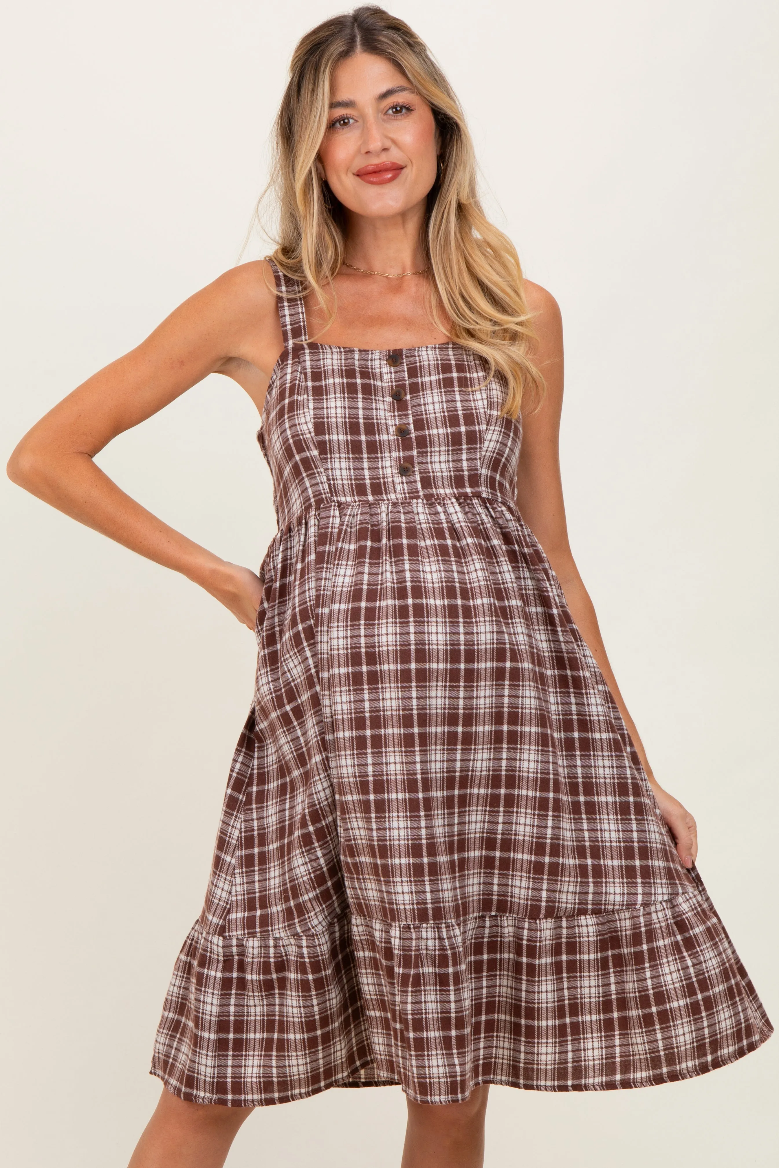 Brown Plaid Square Neck Maternity Dress sold by Pinkblush product image thumbnail 2