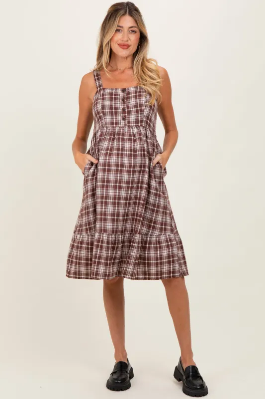 Brown Plaid Square Neck Maternity Dress sold by Pinkblush