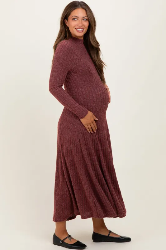 Burgundy Ribbed Mock Neck Maternity Midi Dress sold by Pinkblush
