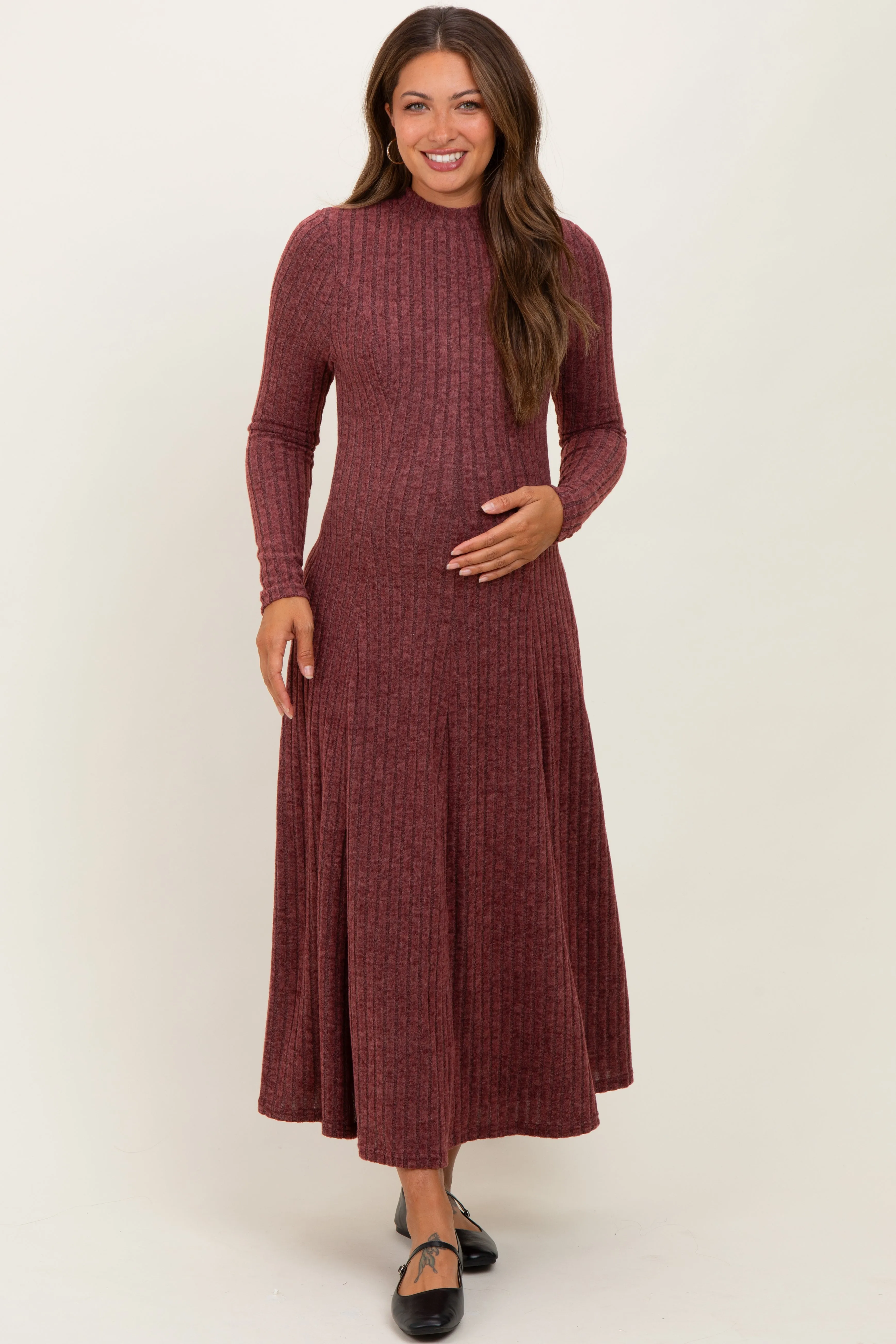 Burgundy Ribbed Mock Neck Maternity Midi Dress sold by Pinkblush product image thumbnail 2