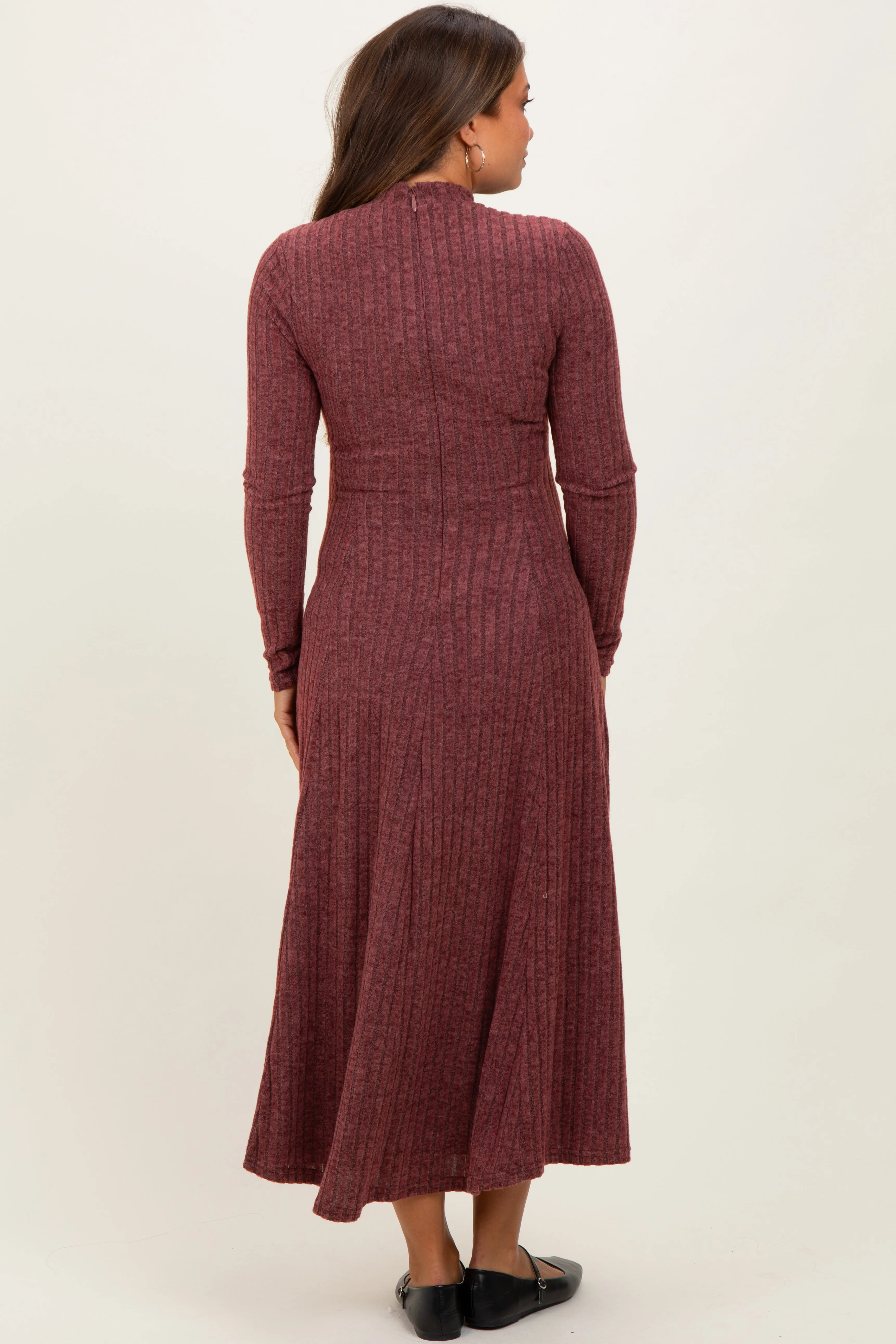 Burgundy Ribbed Mock Neck Maternity Midi Dress sold by Pinkblush product image thumbnail 3