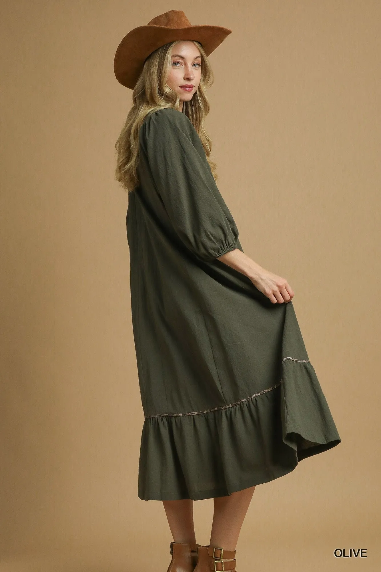 Olive V-Neck Contrast Trim 3/4 Sleeve Midi Dress sold by Pinkblush product image thumbnail 2